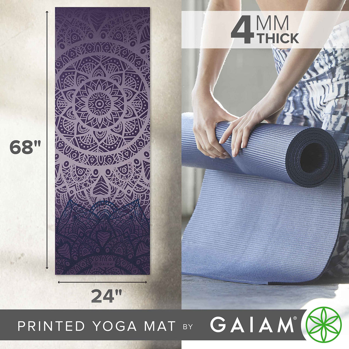 Yoga Mat Classic Print, 4mm Non-Slip Mat (Purple Lattice)