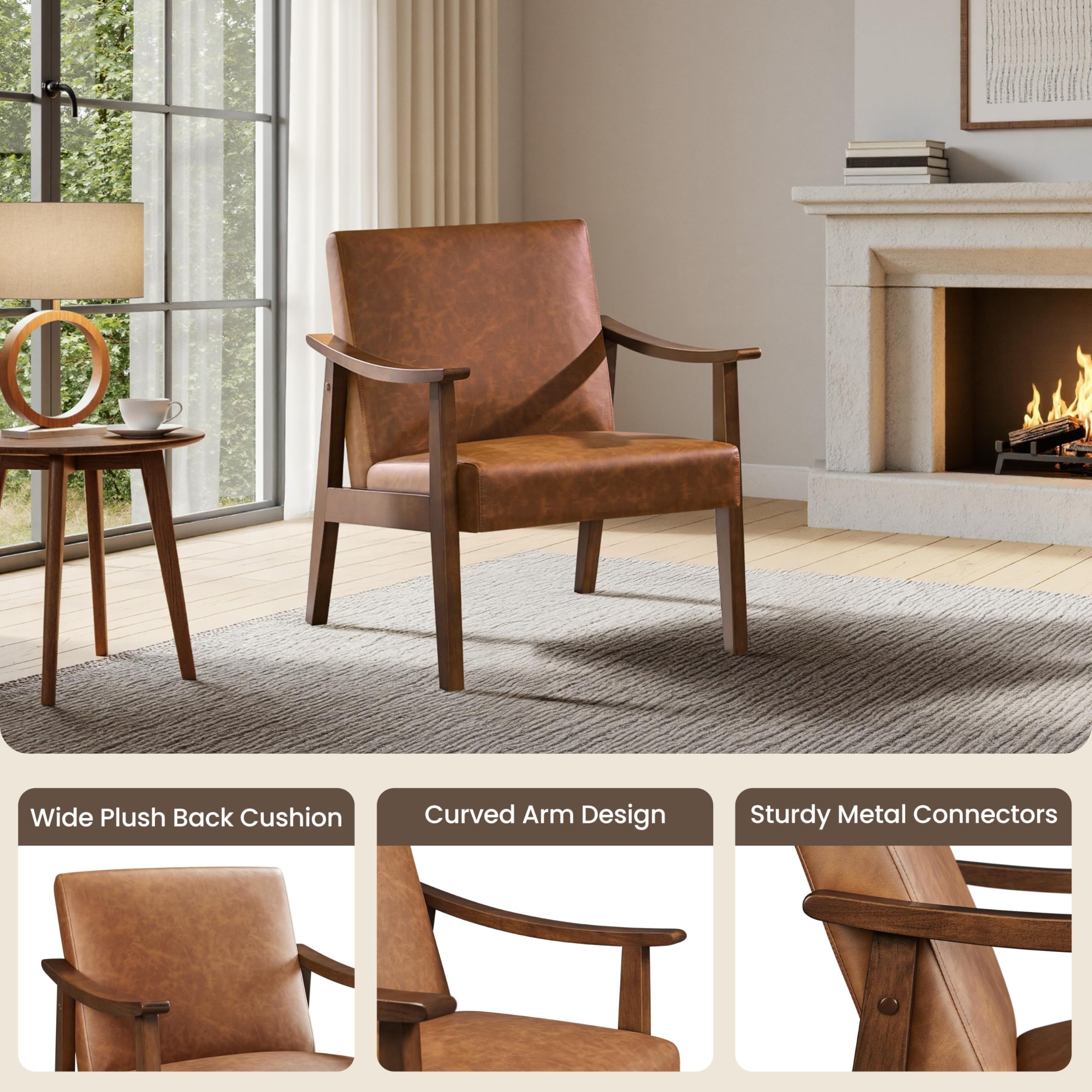 PU Leather Accent Chair, Mid-Century Modern Armchair with Solid Wood Legs, Reading Leisure Chair with High Back for Living Room Bedroom Waiting Room, Brown