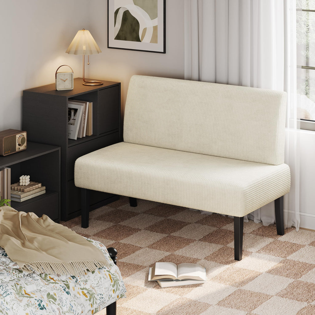 Small Mini Sofa Couch Armless Loveseat Futon for Bedroom, Corduroy Fabric & Easy Assembly, for Small Spaces Living Room,Dorm,Office,Apartment, Beige