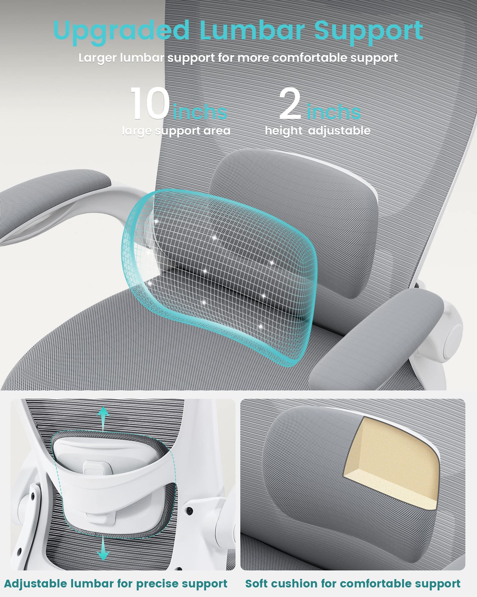 Office Chair, Ergonomic Desk Chair with Adjustable Lumbar Support and Flip up Armrest, Breathable Mesh Computer Chair for Home Office, Gray