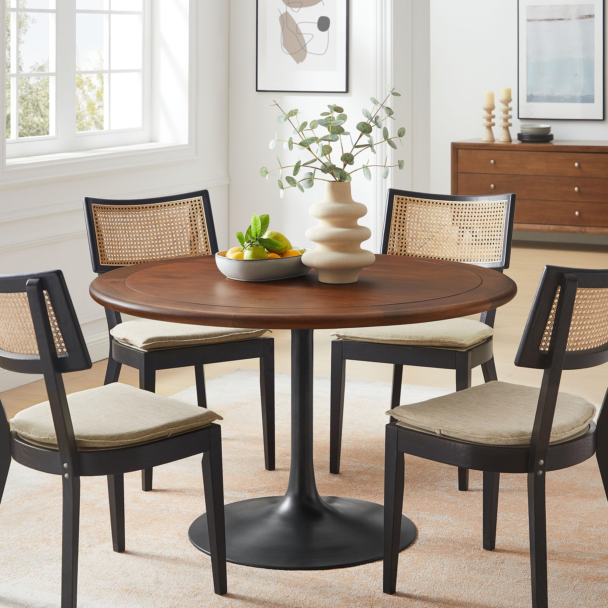 Modway Lippa 48 Inch Round Wood Dining Table with Metal Pedestal in Black Walnut - Modern Industrial Dining Table for 4 People - Solid Wood Tulip Kitchen Table