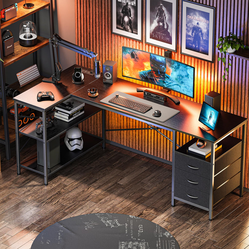L Shaped Desk with Power Outlets, 63 Inch Reversible Computer Desk with 3 Drawers and Shelves, Home Office Table for Corner Work Study Writing Gaming, Black