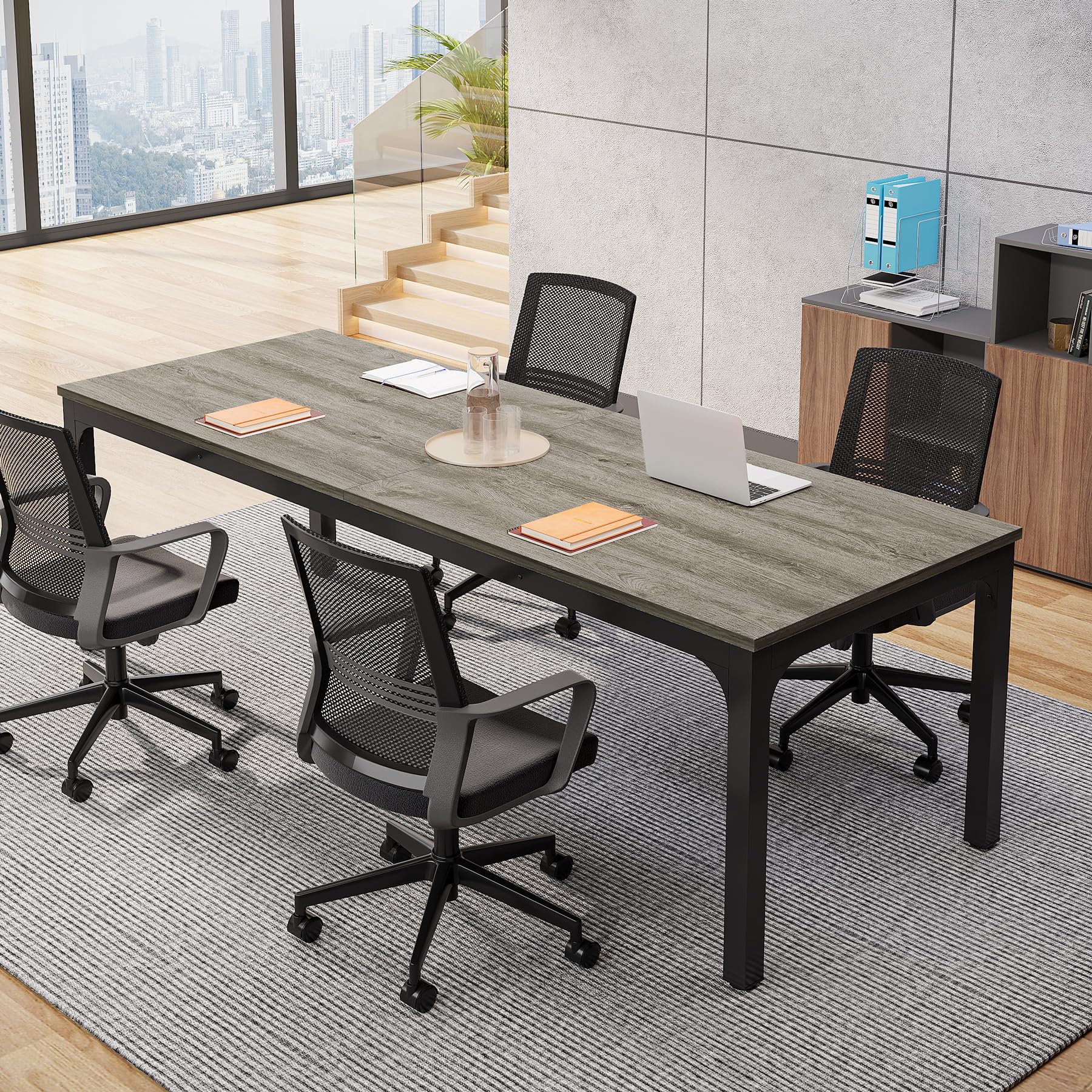 6.5 FT Conference Room Table, 78.74" W x 27.56" D Large Office Conference Table, Modern Seminar Meeting Table Desk for Boardroom, Meeting Room (1, Gray and Black)