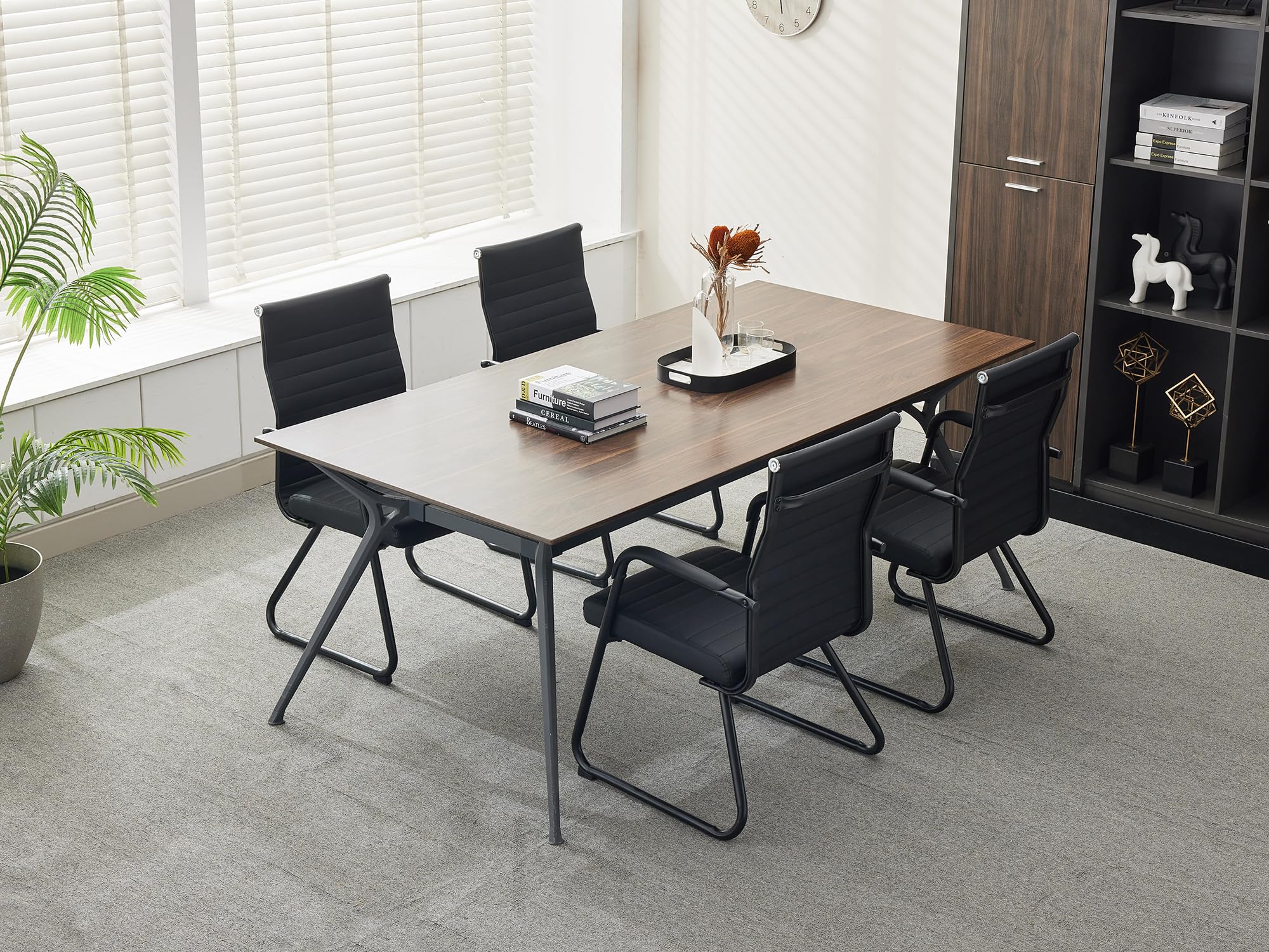 Office Chairs Set of 6, Modern Leather Reception Chairs with Mid Back & Sled Base, No-Wheel Desk Chairs for Waiting Room & Conference Room