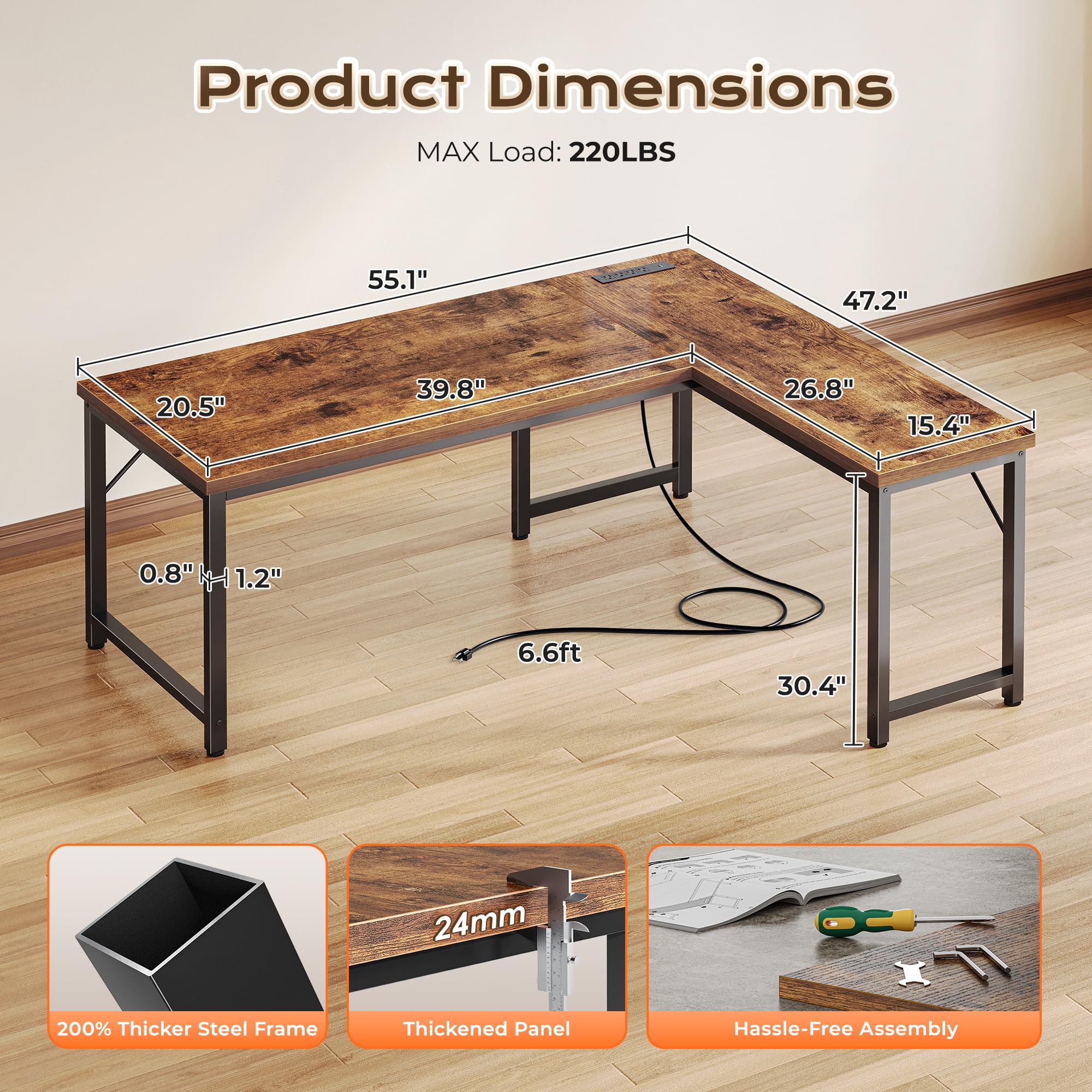 55 Inch L Shaped Desk with Power Outlets and USB-C Port, 0.95 Inch Thicker Desktop, Reversible Computer Desk, Larger Office Corner Gaming Desk, Metal Frame, for Home Office, Study, Rustic Brown