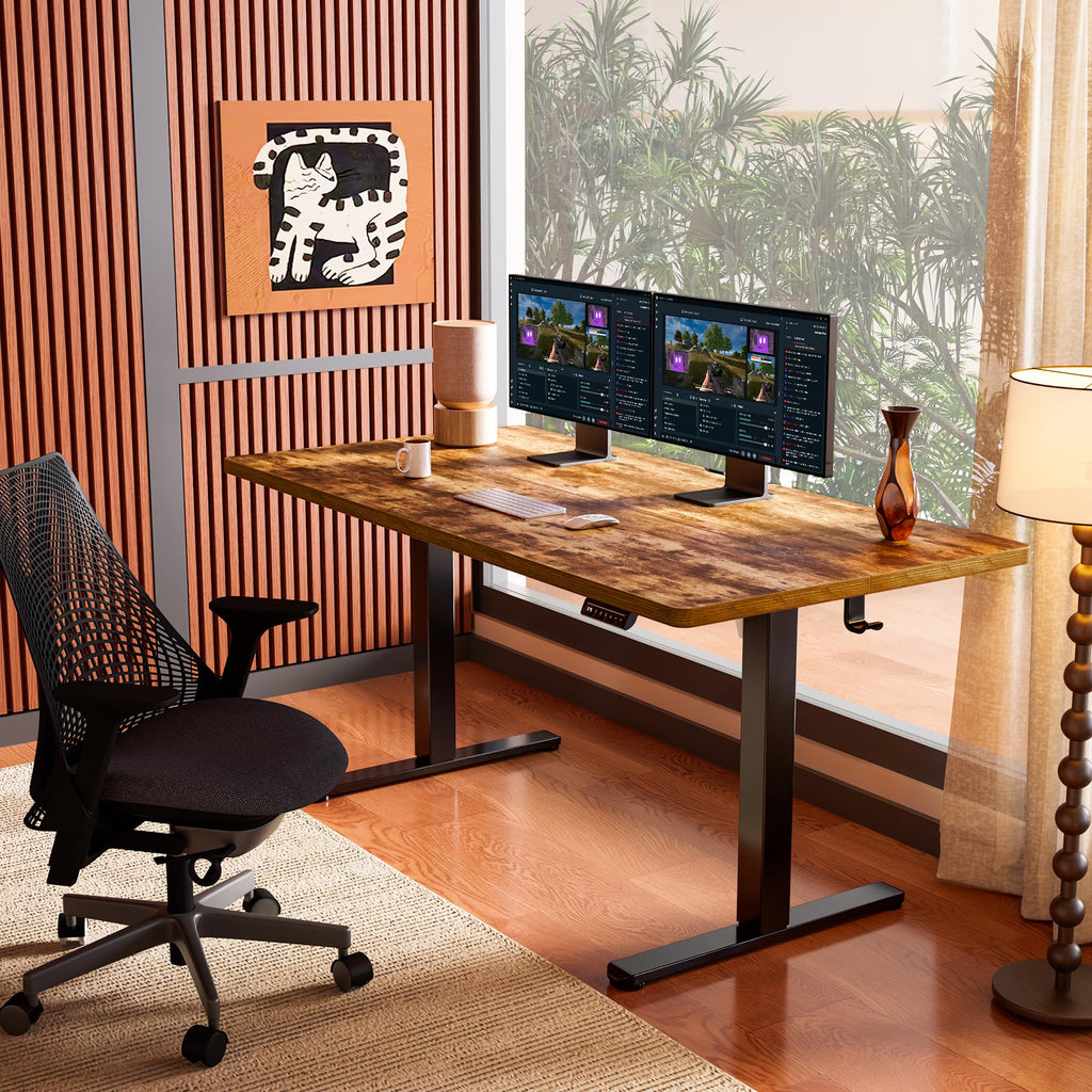 Height Adjustable Electric Standing Desk, 55 x 28 Inches Sit Stand up Desk, Memory Computer Home Office Desk, Vintage Brown