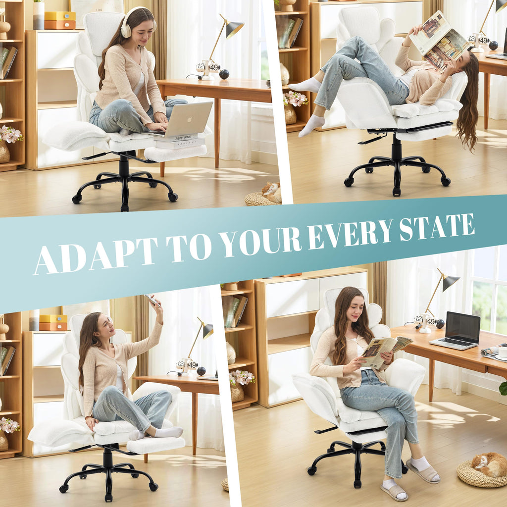Flip Armrests Criss Cross Office Chair, Reclining Office Chair with Foot Rest, Adjustable Headrest, Massage Waist Pillow, Cross Legged Big and Tall Desk Chair Wide Seat Vanity Chair, Fabric White