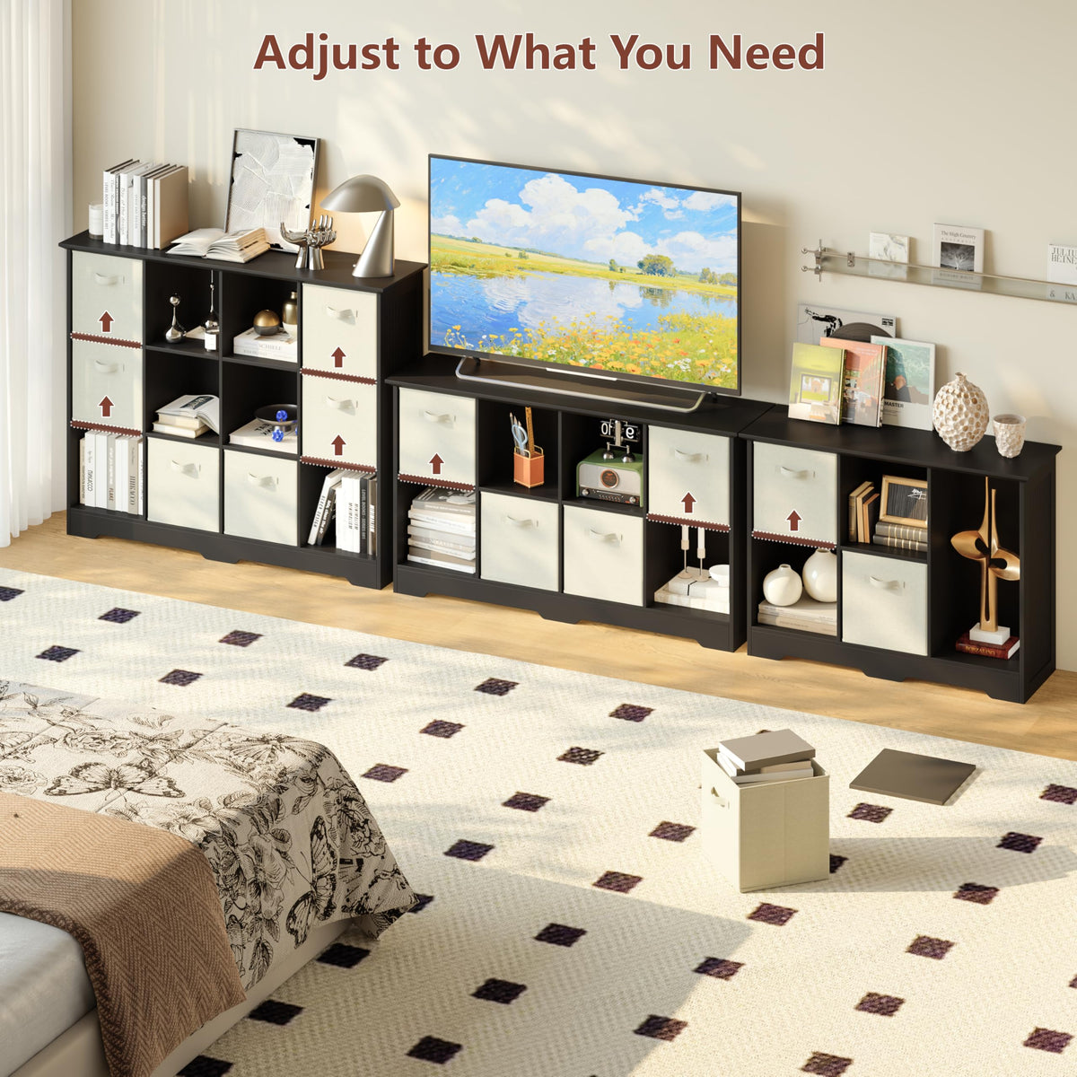 6 Cube Storage Organizer with 3 Fabric Drawers and Removable Shelves — Modular Cube Bookshelf for Bedroom, Living Room, or Home Office, Short Cube Bookcase for Toys, Decor,Black