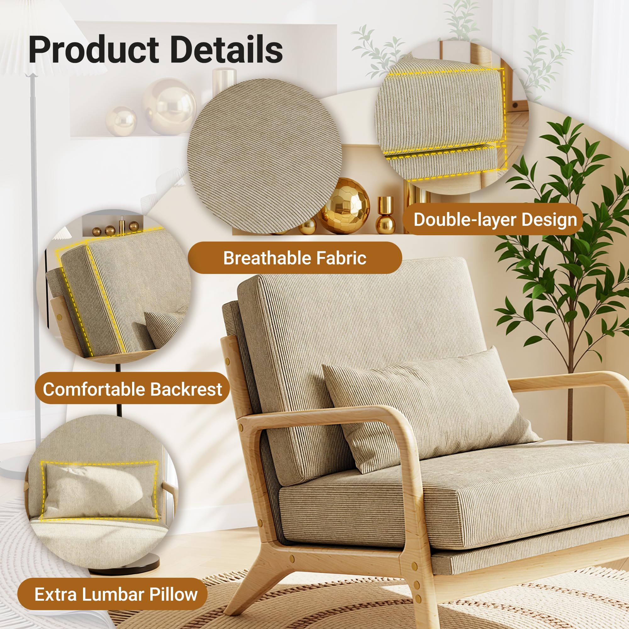 Mid-Century Modern Accent Chair, Armchair with Solid Wood Frame & Lumbar Pillow, Comfy Upholstered Lounge Chair for Office, Bedroom, Corduroy, Khaki