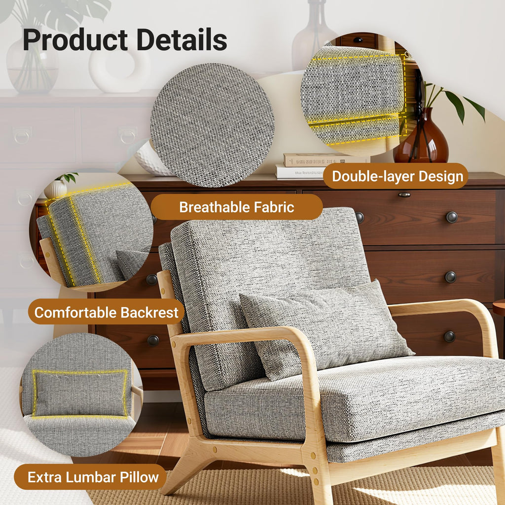 Mid-Century Modern Accent Chair, Armchair with Solid Wood Frame & Lumbar Pillow, Comfy Upholstered Lounge Chair for Office, Bedroom, Linen-Like Fabric, Dark Gray