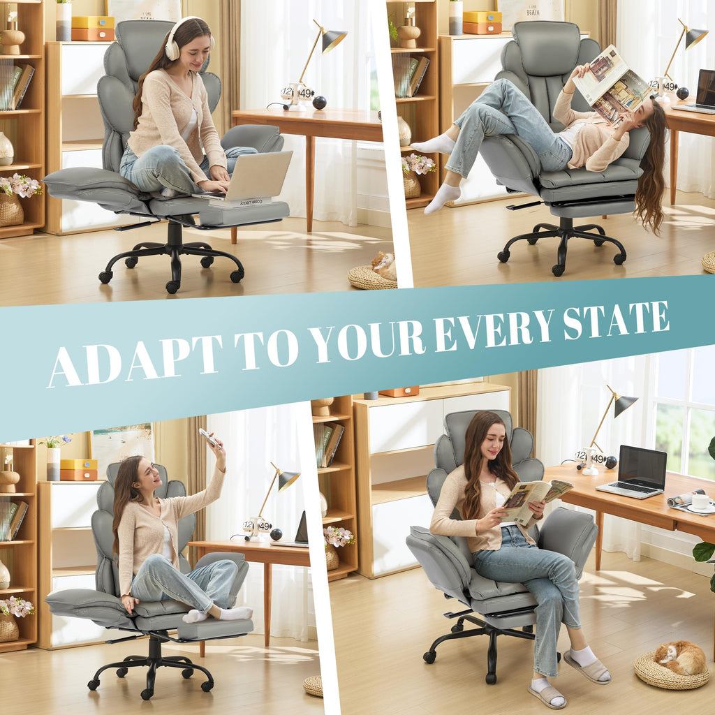 Flip Armrests Criss Cross Office Chair, Reclining Office Chair with Foot Rest, Adjustable Headrest, Massage Waist Pillow, Cross Legged Big and Tall Desk Chair Wide Seat Vanity Chair, PU Leather Grey