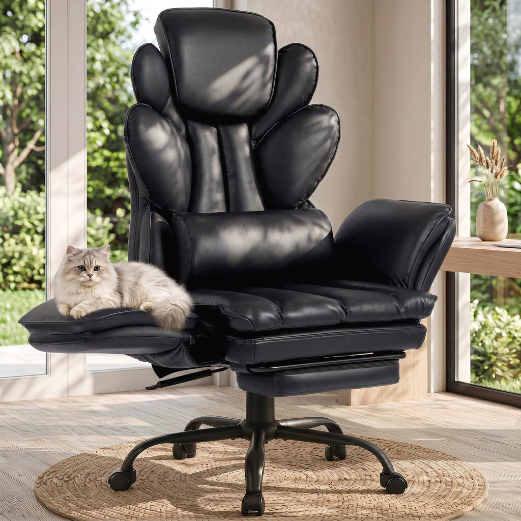 Flip Armrests Criss Cross Office Chair, Reclining Office Chair with Foot Rest, Adjustable Headrest, Massage Waist Pillow, Cross Legged Big and Tall Desk Chair Wide Seat Vanity Chair, PU Leather Black