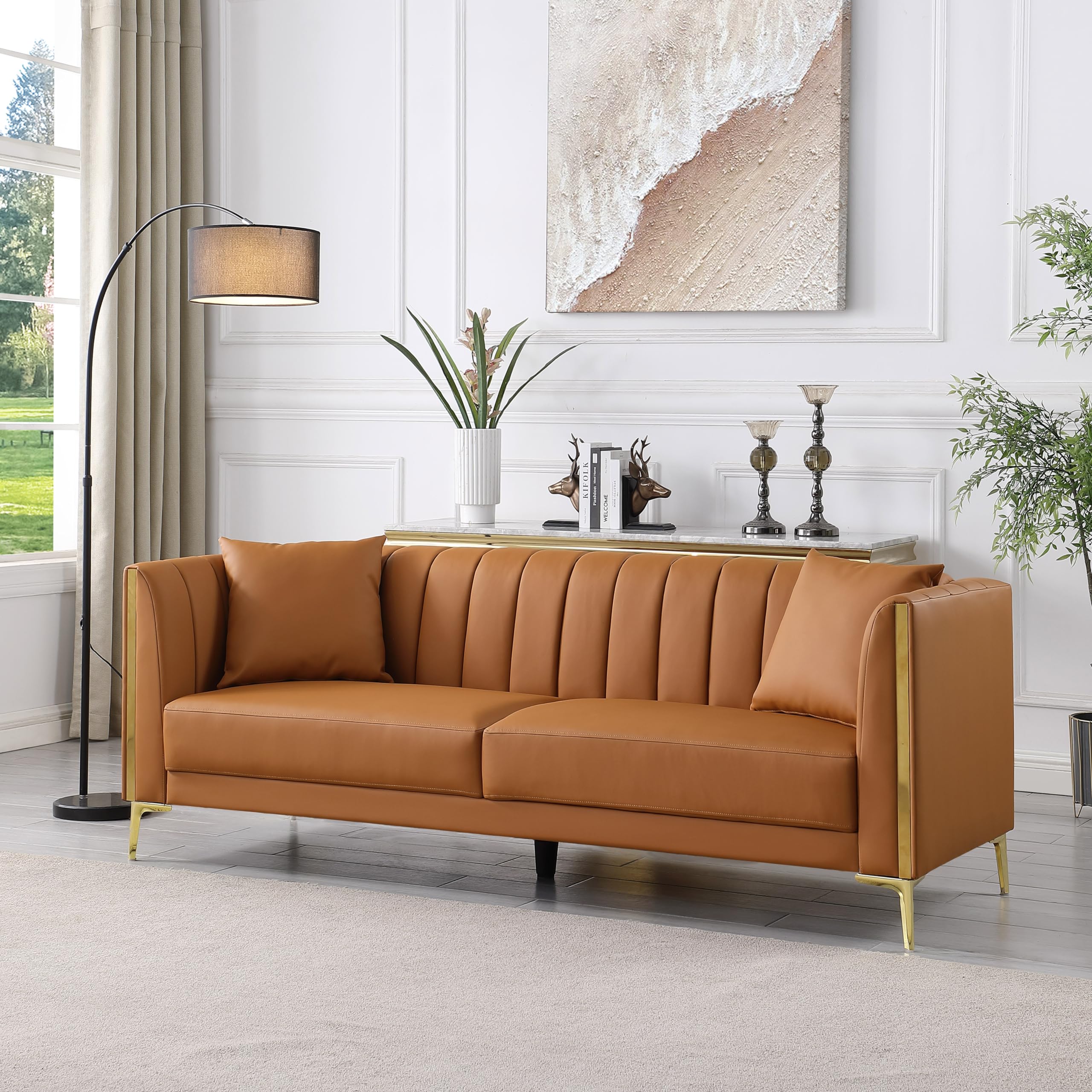 Leather Couch Sofa, Office Couches 78'' Apartment Faux Leather Sofa with 2 Throw Pillows & Gold Metal Legs, Waterproof 3 Seater Couches for Small Living Room, Affordable Luxury Design