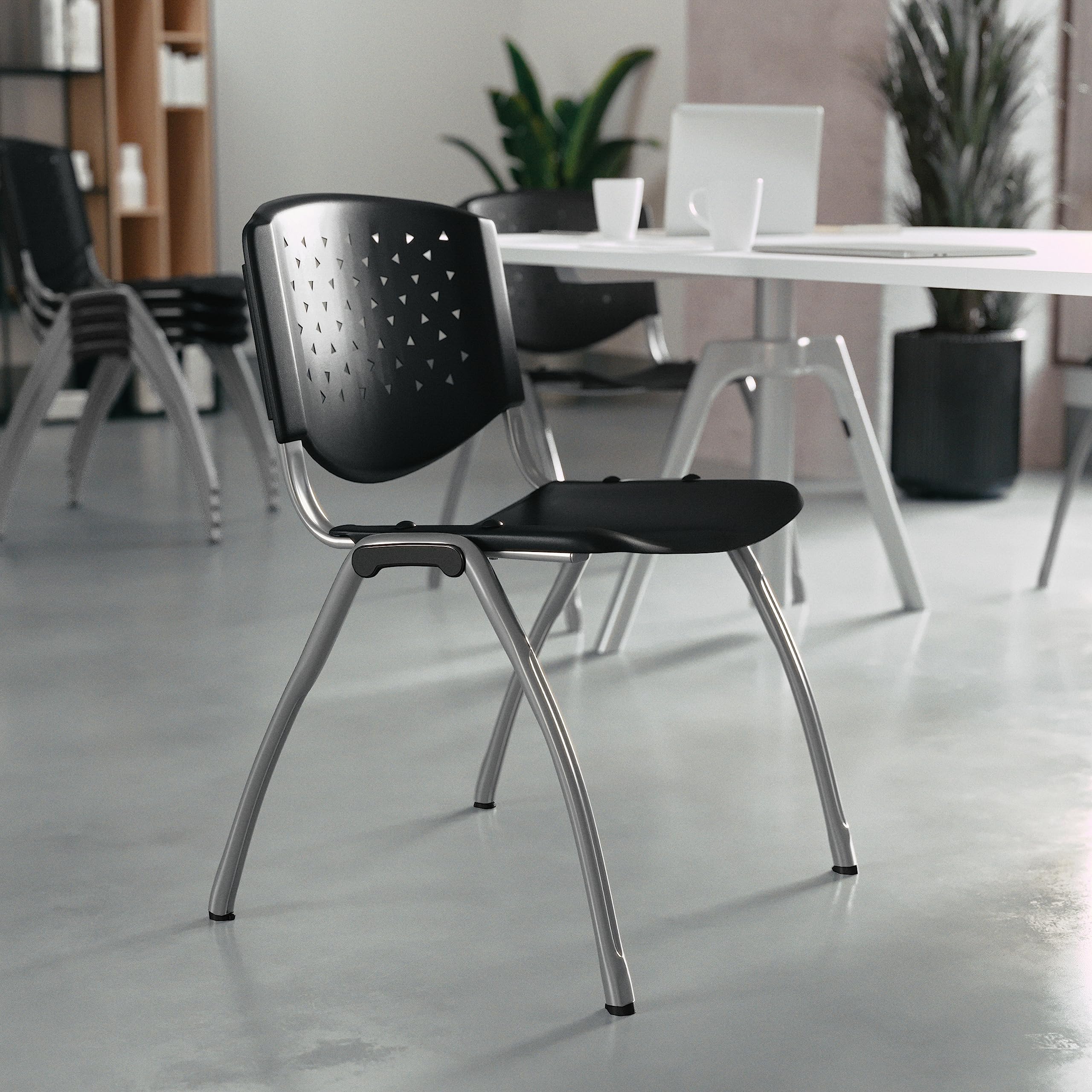 Hercules Series Plastic Contoured Lobby Chairs with Perforated Backs, Ergonomic Stacking Chairs for Offices, Set of 5, Gray