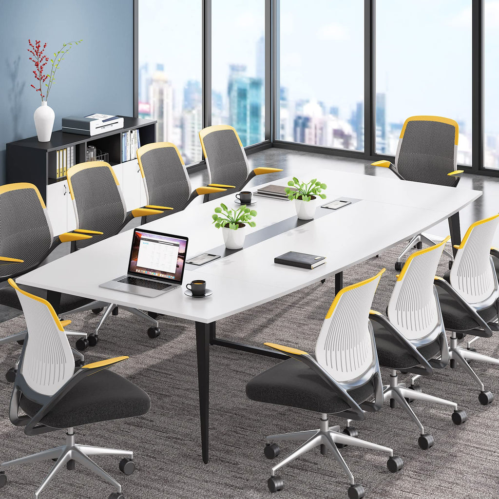 8FT Conference Table, 94.48L x 47.21W x 29.52H Inches Boat Shaped Meeting Table with Rectangle Grommet, Modern Seminar Table for Office Meeting Conference Room (White & Black, 8ft)