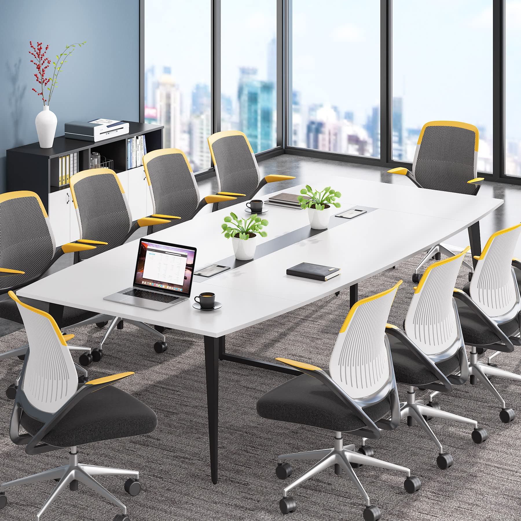 8FT Conference Table, 94.48L x 47.21W x 29.52H Inches Boat Shaped Meeting Table with Rectangle Grommet, Modern Seminar Table for Office Meeting Conference Room (White & Black, 8ft)