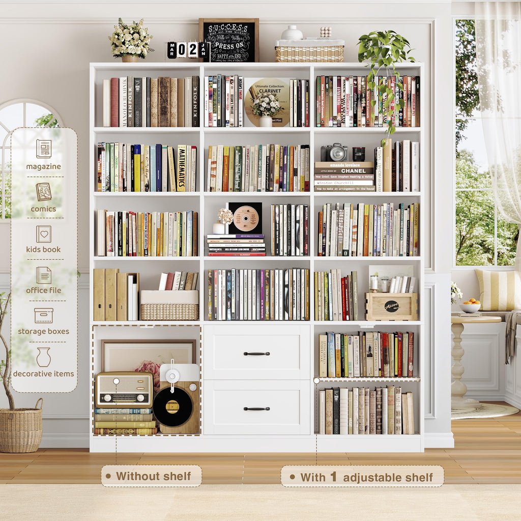 71" Tall Triple Wide Bookshelf with Storage Drawers & Doors, White