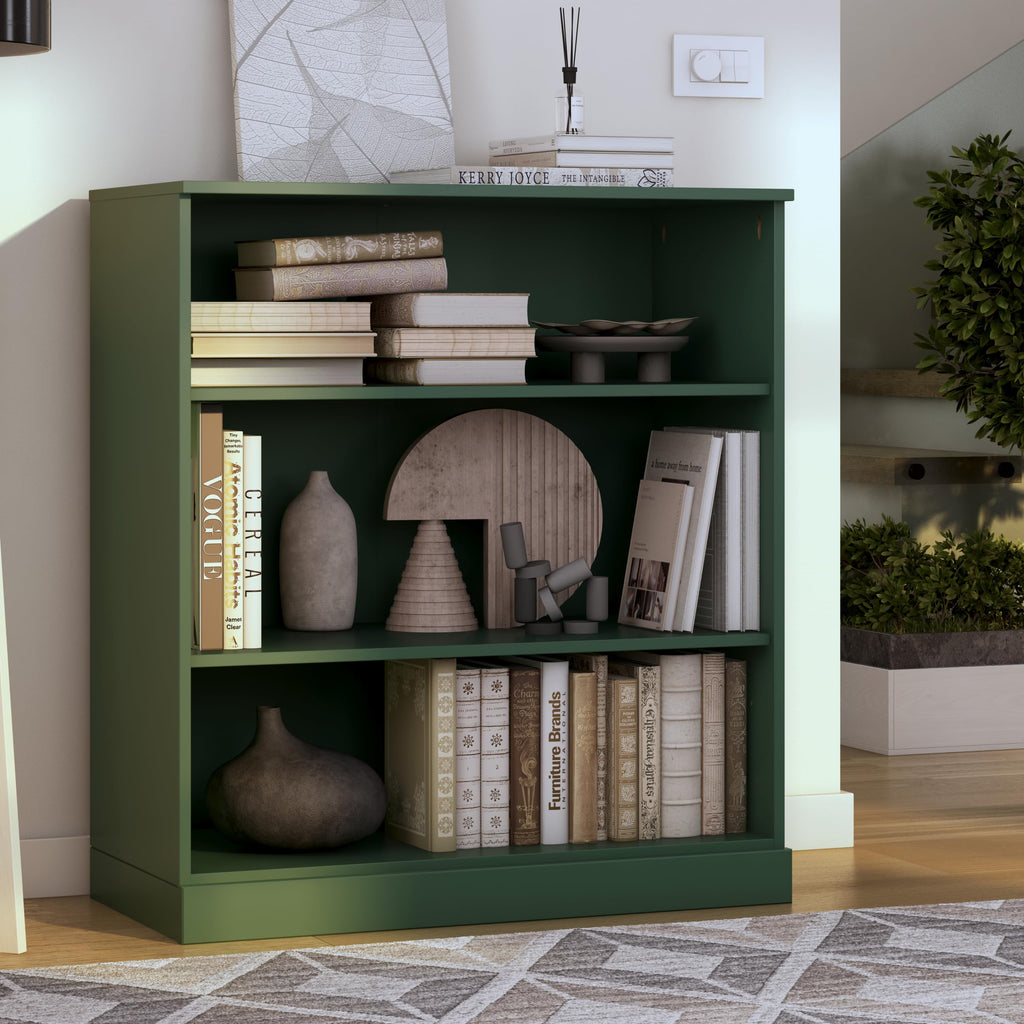 Solid Wood Bookcase - 3-Tier Floor Standing Bookshelf - 36" Short Storage Shelf, 32” W - Green, Display Furniture for Living Space, Renewable 100% Eco-Friendly Wood, Made in Brazil