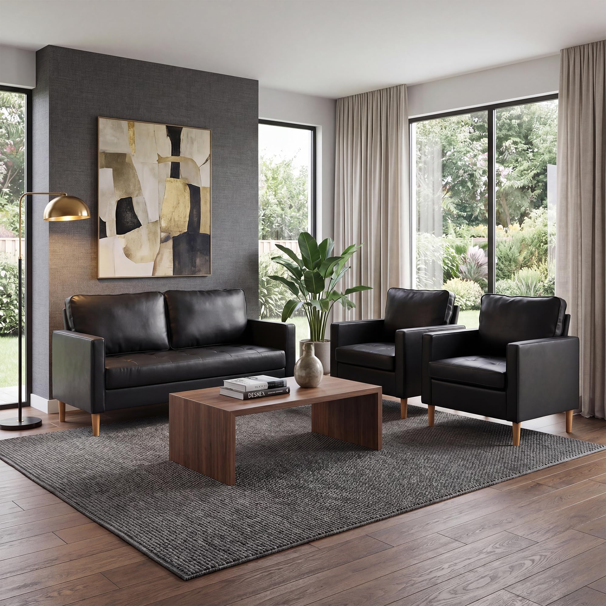 Mid-Century Sectional Sofa Set for Living Room Faux Leather Office 2 Pcs Couch Set with Armrest Modern Upholstered Loveseat Couches (1-Seater+2-Seater, Black)