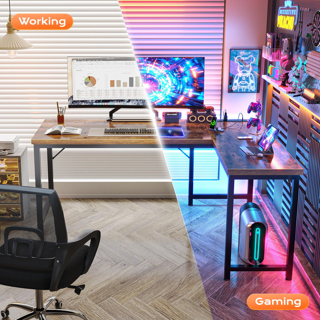 55 Inch L Shaped Desk with Power Outlets and USB-C Port, 0.95 Inch Thicker Desktop, Reversible Computer Desk, Larger Office Corner Gaming Desk, Metal Frame, for Home Office, Study, Rustic Brown