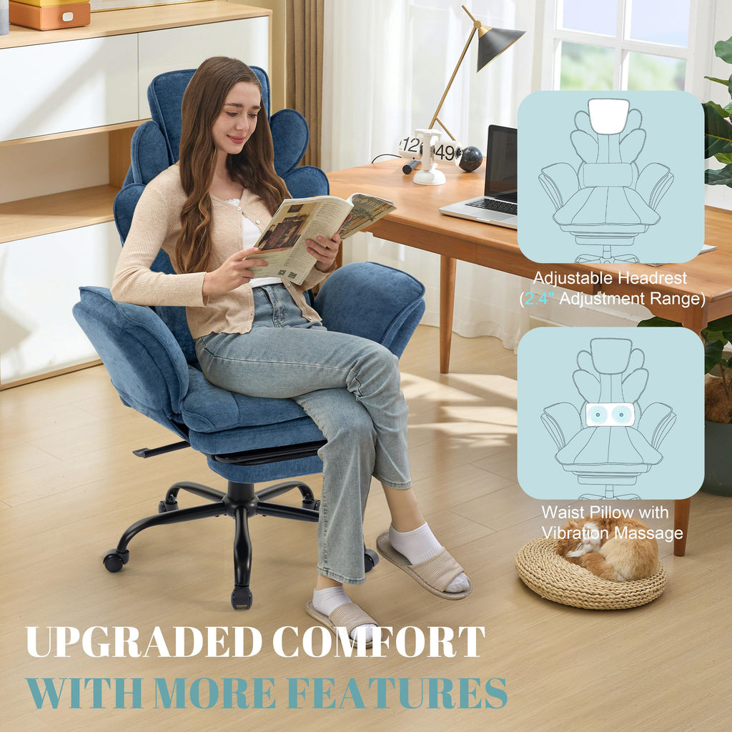 Flip Armrests Criss Cross Office Chair, Reclining Office Chair with Foot Rest, Adjustable Headrest, Massage Waist Pillow, Cross Legged Big and Tall Desk Chair Wide Seat Vanity Chair, Fabric Blue