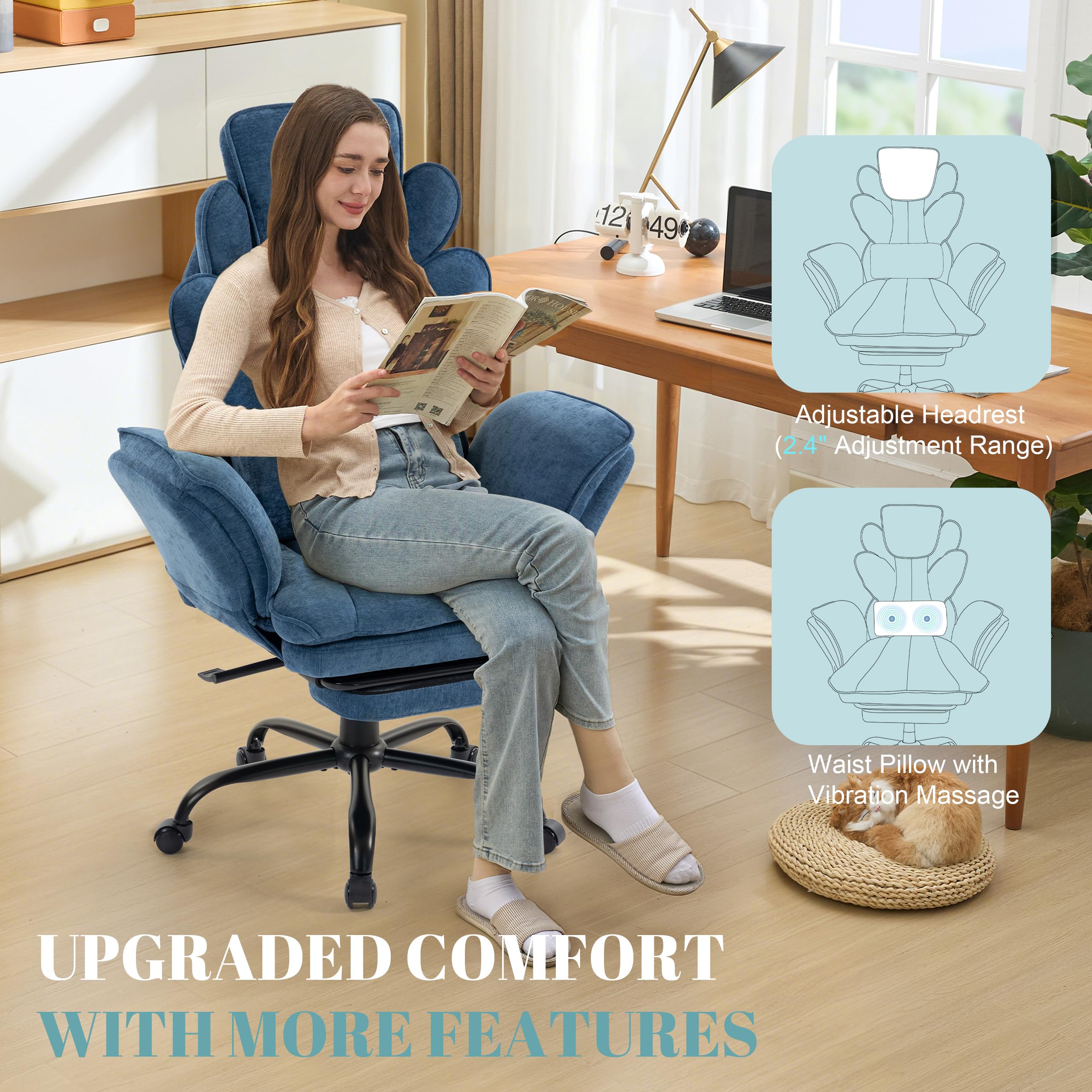 Flip Armrests Criss Cross Office Chair, Reclining Office Chair with Foot Rest, Adjustable Headrest, Massage Waist Pillow, Cross Legged Big and Tall Desk Chair Wide Seat Vanity Chair, Fabric Blue