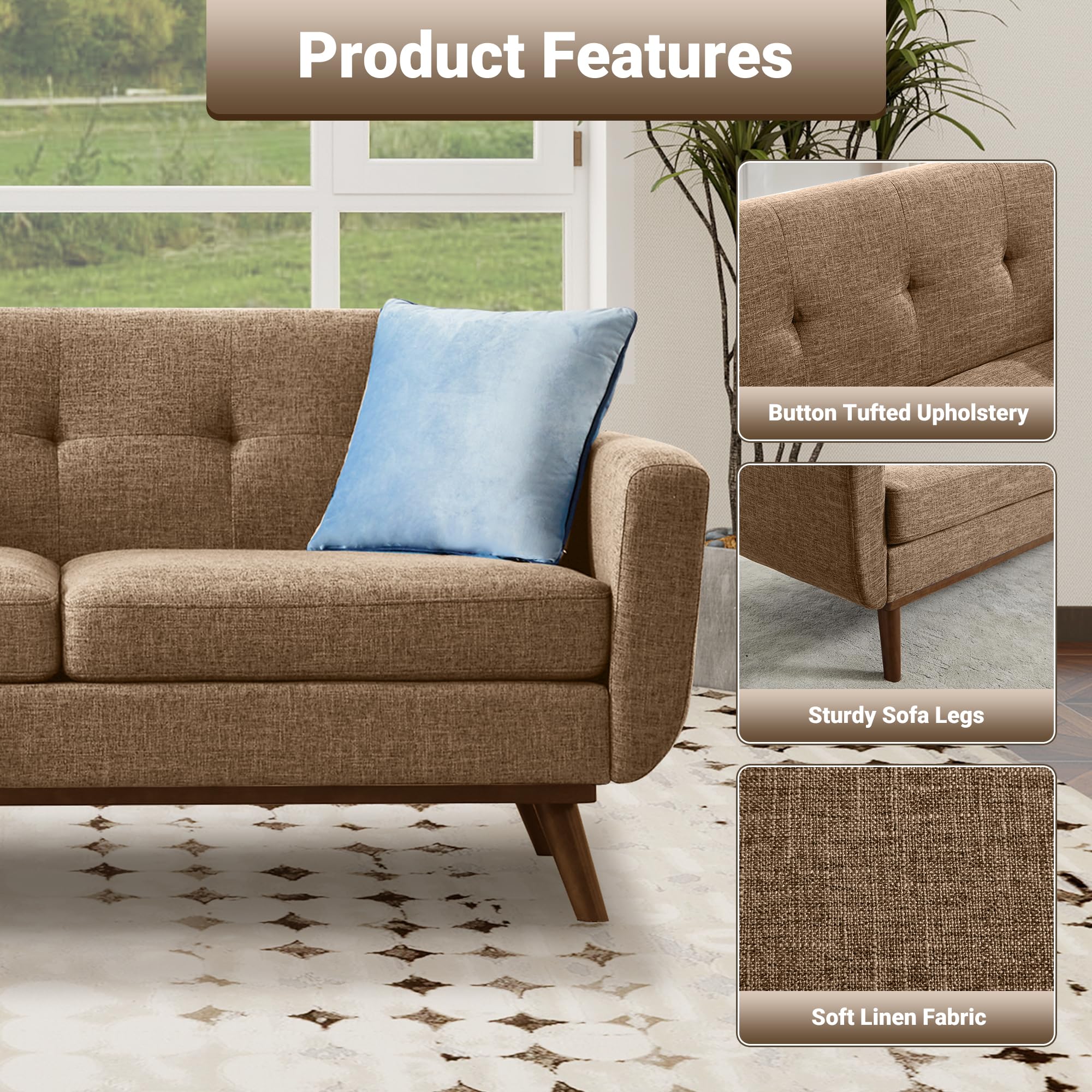 65.2" W Loveseat Sofa, Solid & Easy to Install Small Couch for Bedroom Office Apartment, Brown
