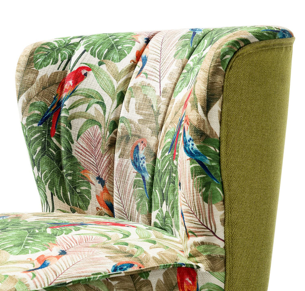 Accent Chair Set of 2 with Golden Legs, Comfy Print Living Room Chair, Wingback Small Armless Side Chair, Upholstered Tufted Slipper Chair for Bedroom, Reading Room(Tropical Parrot, Green)