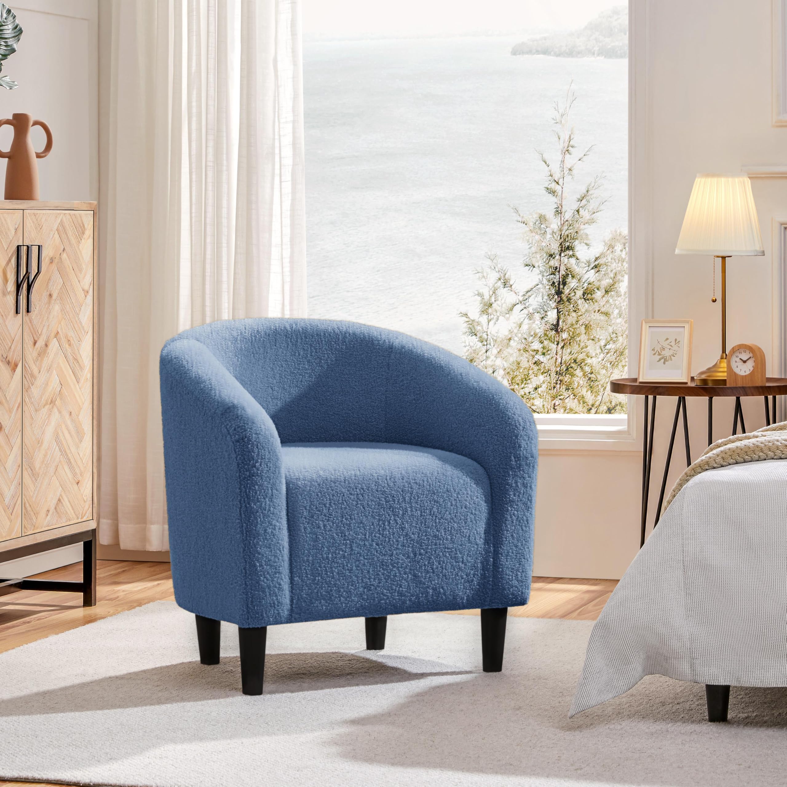 Accent Barrel Chair, Boucle Fabric Club Chair, Furry Sherpa Elegant Armchair with Cozy Soft Padded, Suitable for Living Room Bedroom Reception Room Office, Blue