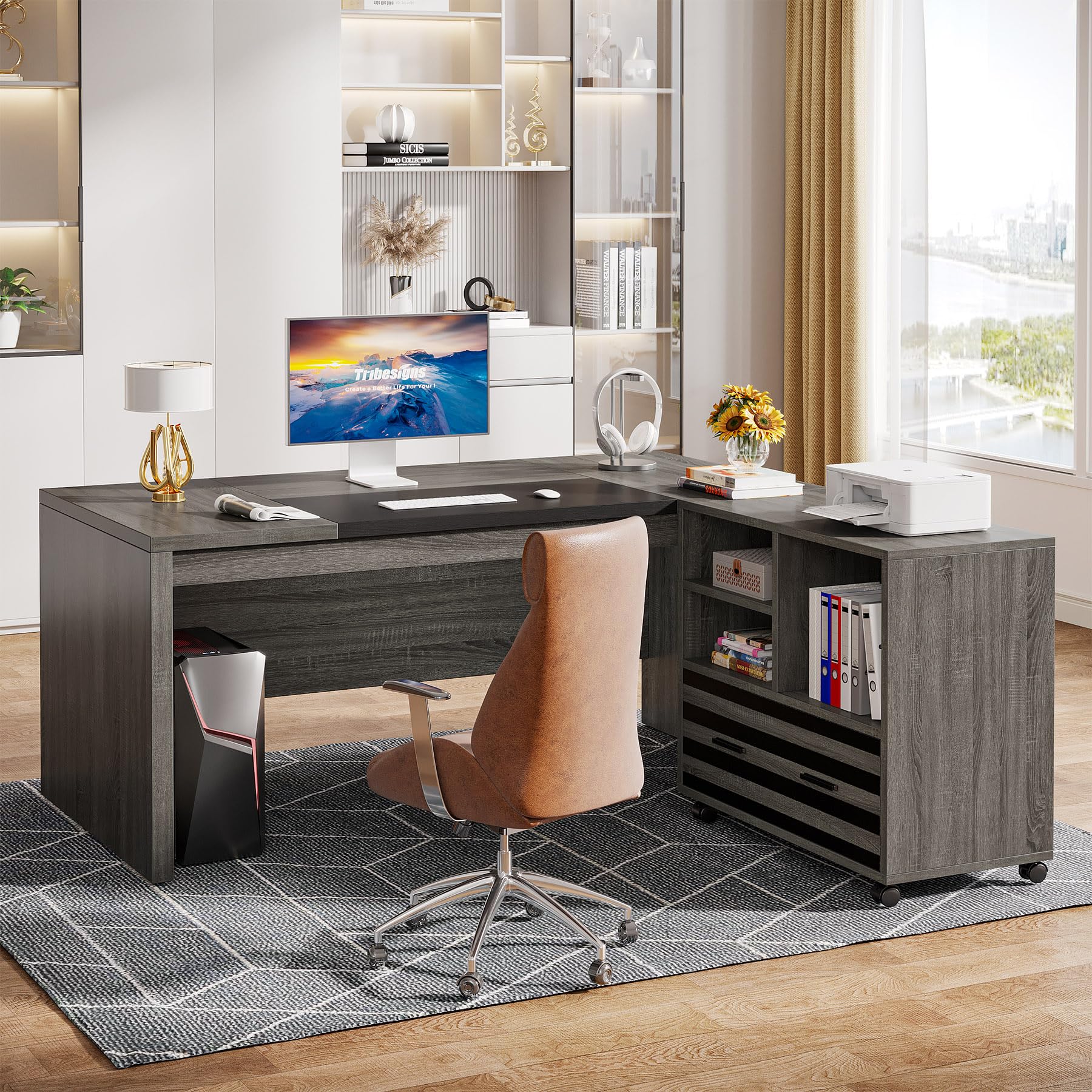 62.2" Executive Desk with Mobile File Cabinet, L-Shaped Office Desk with Storage Shelves, Large Computer Table Business Workstation Set for Home Office, Grey