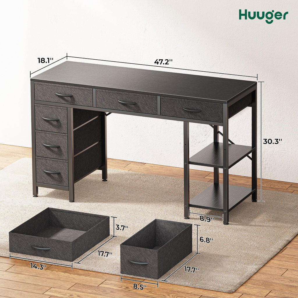 Computer Desk with 6 Drawers, Office Desk with Shelves, Reversible Gaming Desk, Corner Desk with Storage, Work for Home Office, Study, Living Room, 47inch, Black