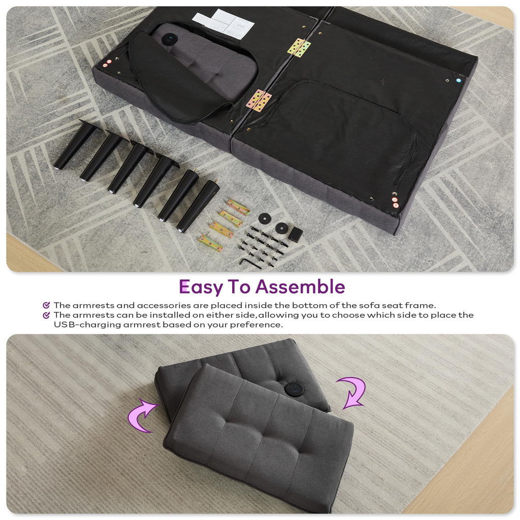65“ Convertible Futon Sofa Bed w/ 2 USB, Upholstered Tufted Small Adjustable Folding Couch Loveseat, Modern Mid Century Sleeper Sofa for Office, Living Room, Bedroom, Apartment (Dark Grey)
