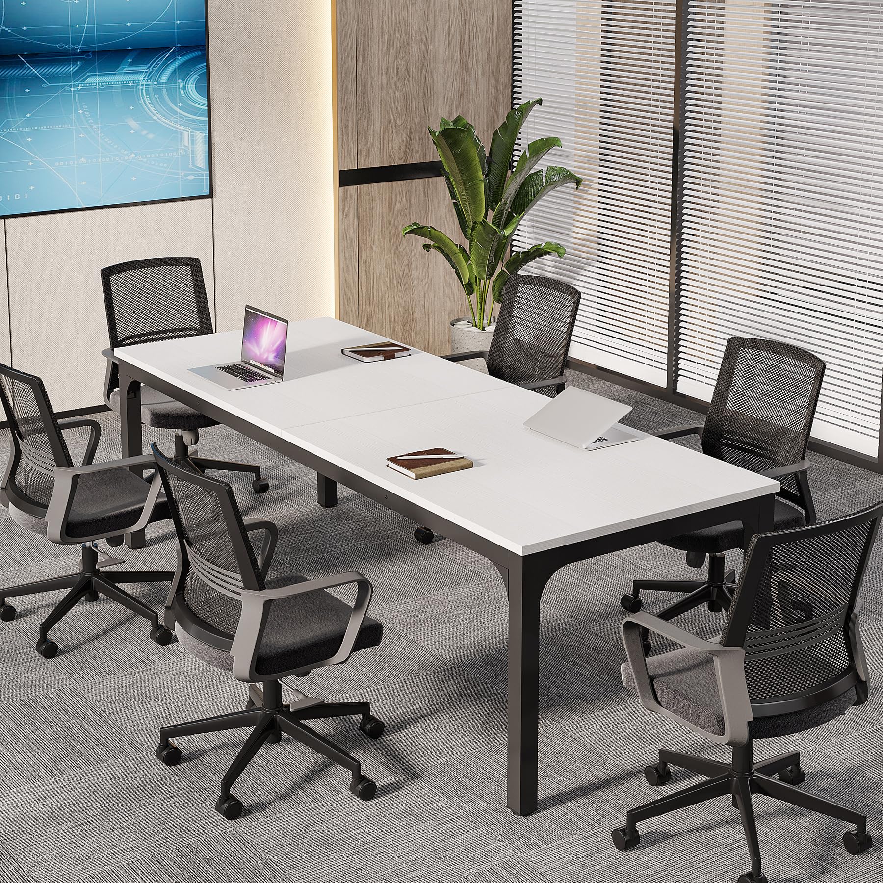 6.5 FT Conference Room Table, 78.74" W x 27.56" D Large Office Conference Table, Modern Seminar Meeting Table Desk for Boardroom, Meeting Room (1, White and Black)