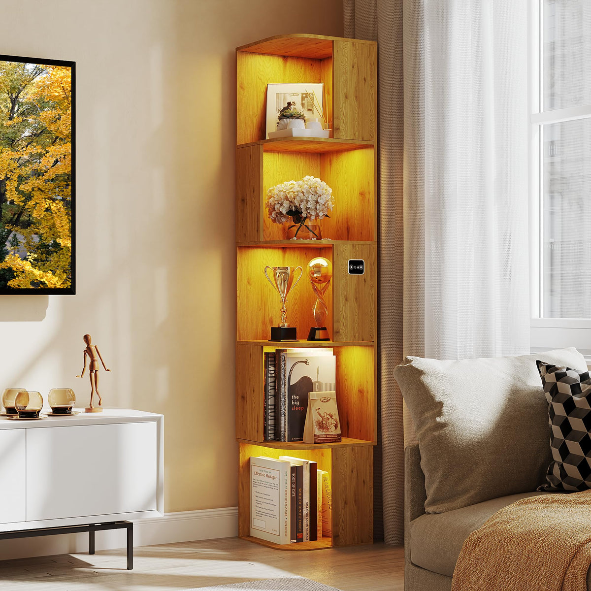 Corner Bookcase with 5 Shelves and 3-Color LED Sensor Lights - Wood