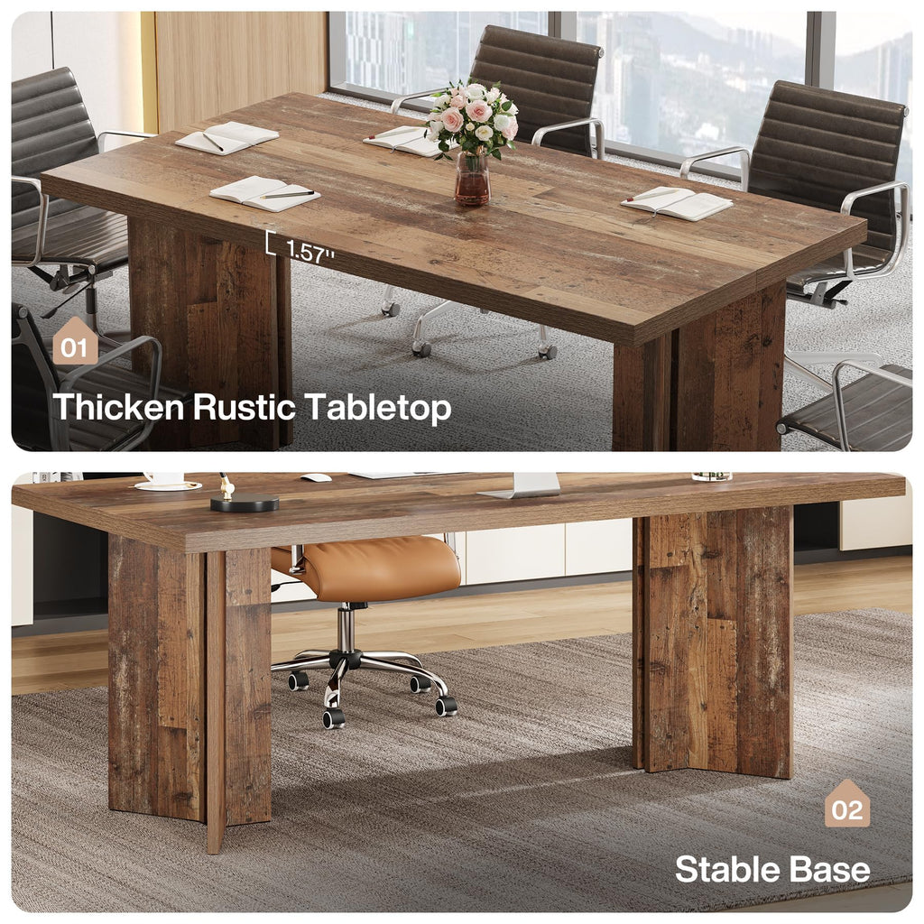 5.5FT Conference Table, 63-inch Rectangle Meeting Seminar Table, Large Distressed Brown Business Tables for 4-6 People, Heavy Duty Pedestal (Distressed Brown)