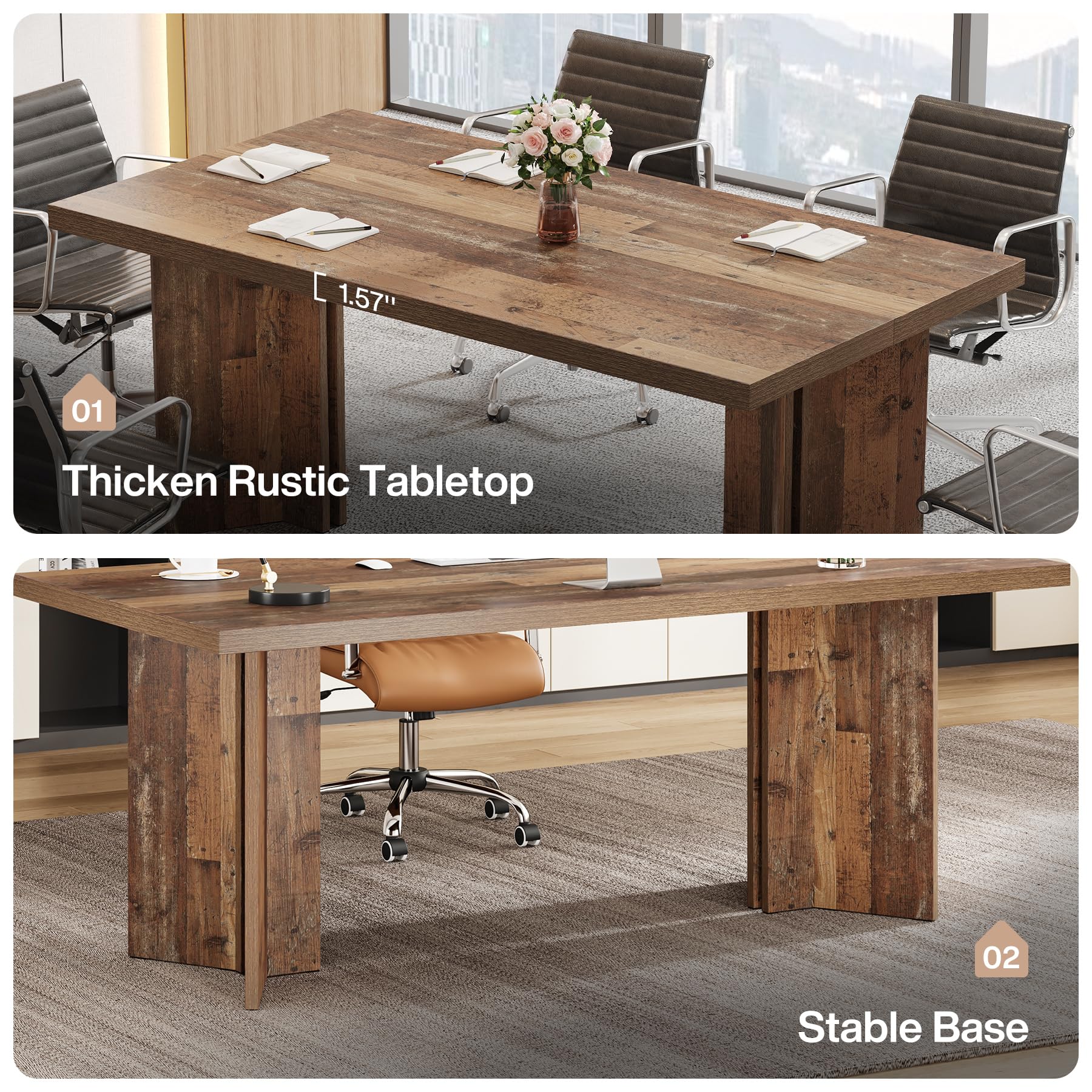 10.5FT Conference Table, Large Rectangle Meeting Seminar Table for 10-14 Person, Long Wooden Business Tables (Set of 4, Distressed Brown)