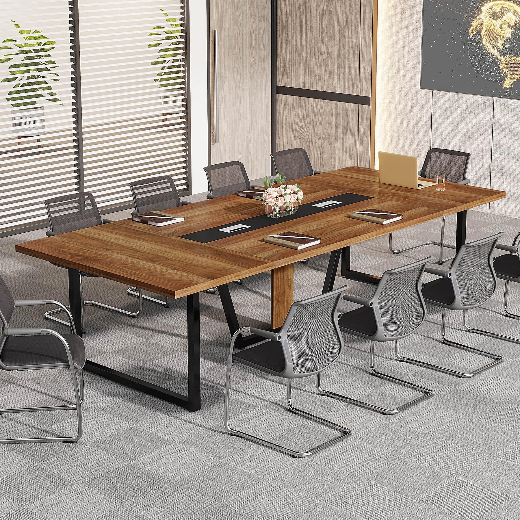 8FT Conference Table, 94.49 L x 47.24 W x 29.53 H Inches Large Meeting Podcast Table for 10 People, Business Style Wooden Training Table with Strong Metal Frame for Office Conference