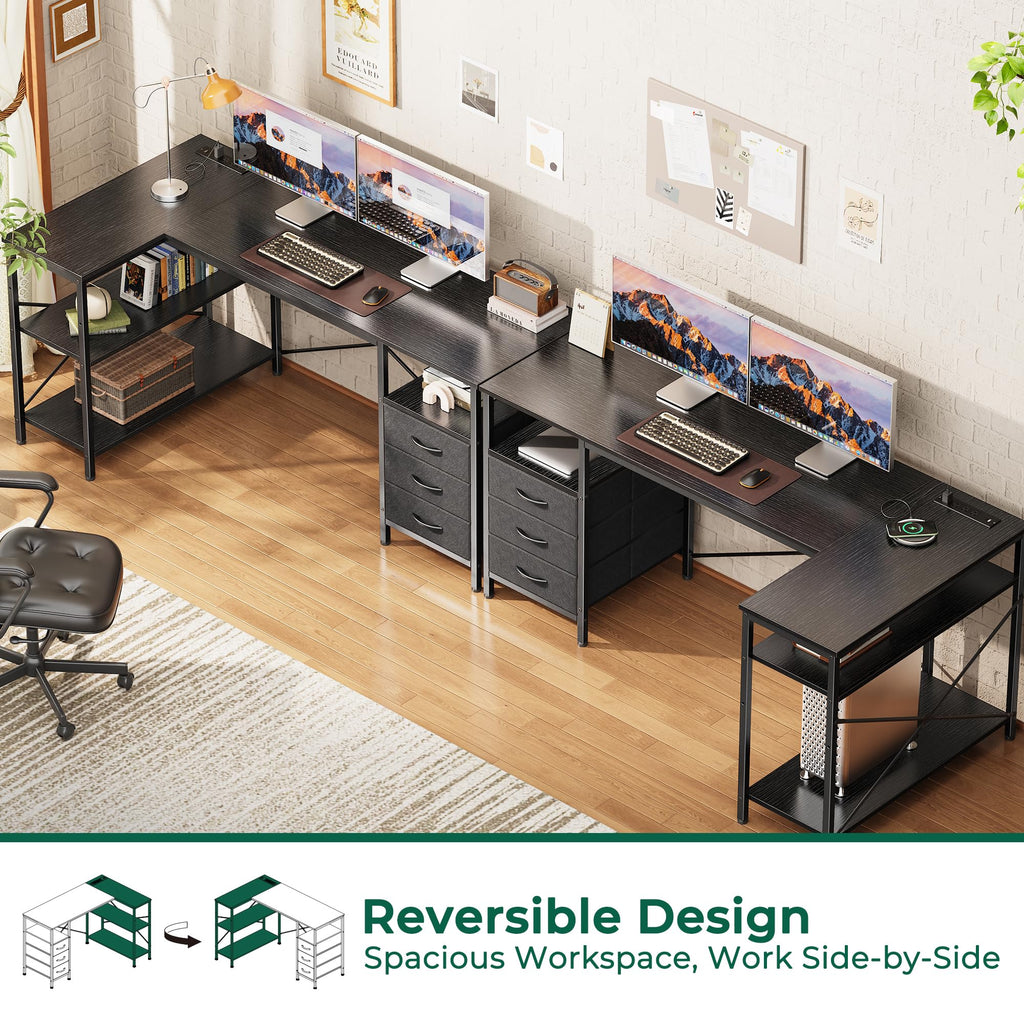 L Shaped Office Desk with Power Outlets, 55 Inch Computer Desk with 3 Drawers, Shelves, Reverisble for Gaming Corner Work Home Office Study, Black