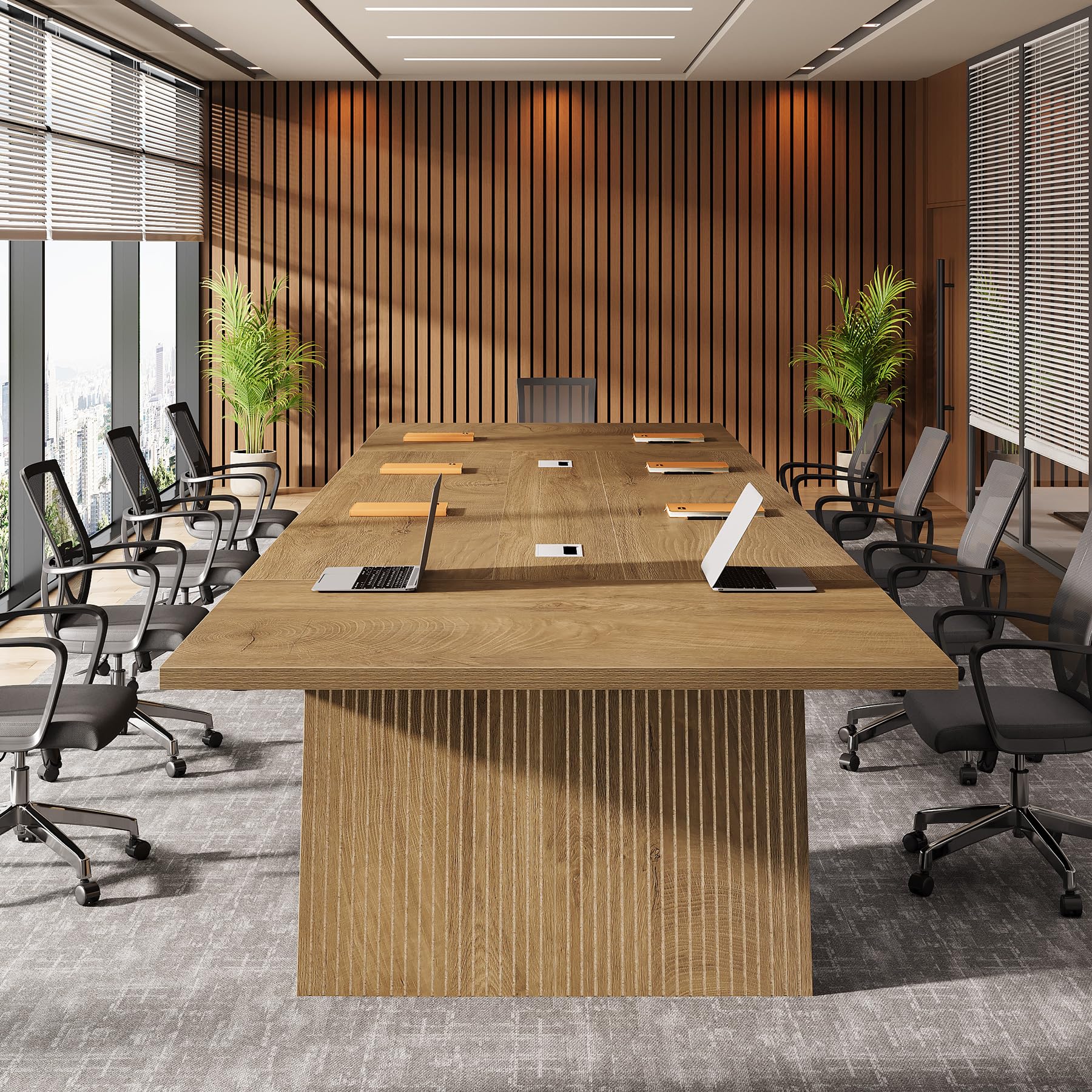 8ft Conference Table, Conference Room Table for 10 People, Large Meeting Desk with Cable Grommet, Modern Boardroom Table for Office Conference (1, Brown)