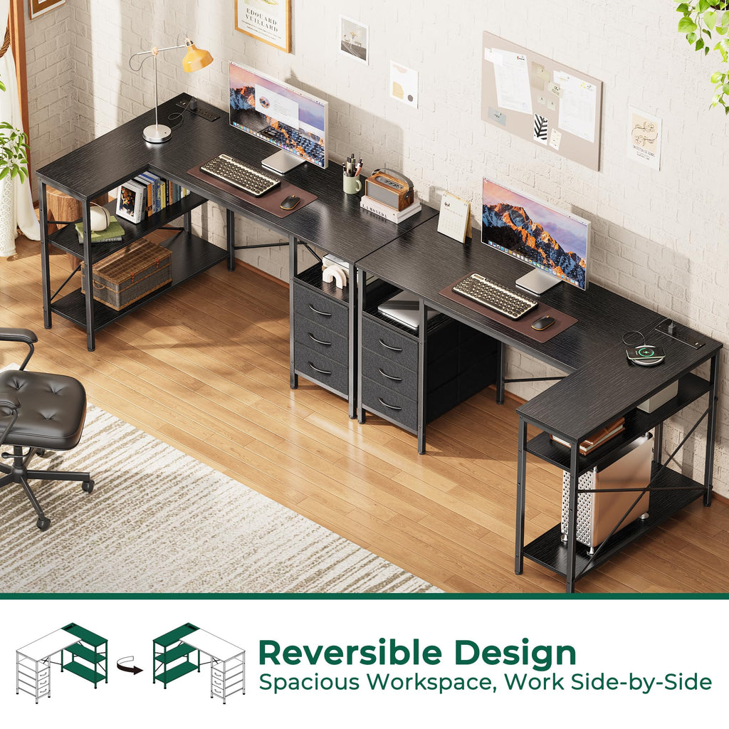 L Shaped Office Desk with Power Outlets, 47 Inch Computer Desk with 3 Drawers, Shelves, for Gaming, Corner Work, Home Office, Study, Black