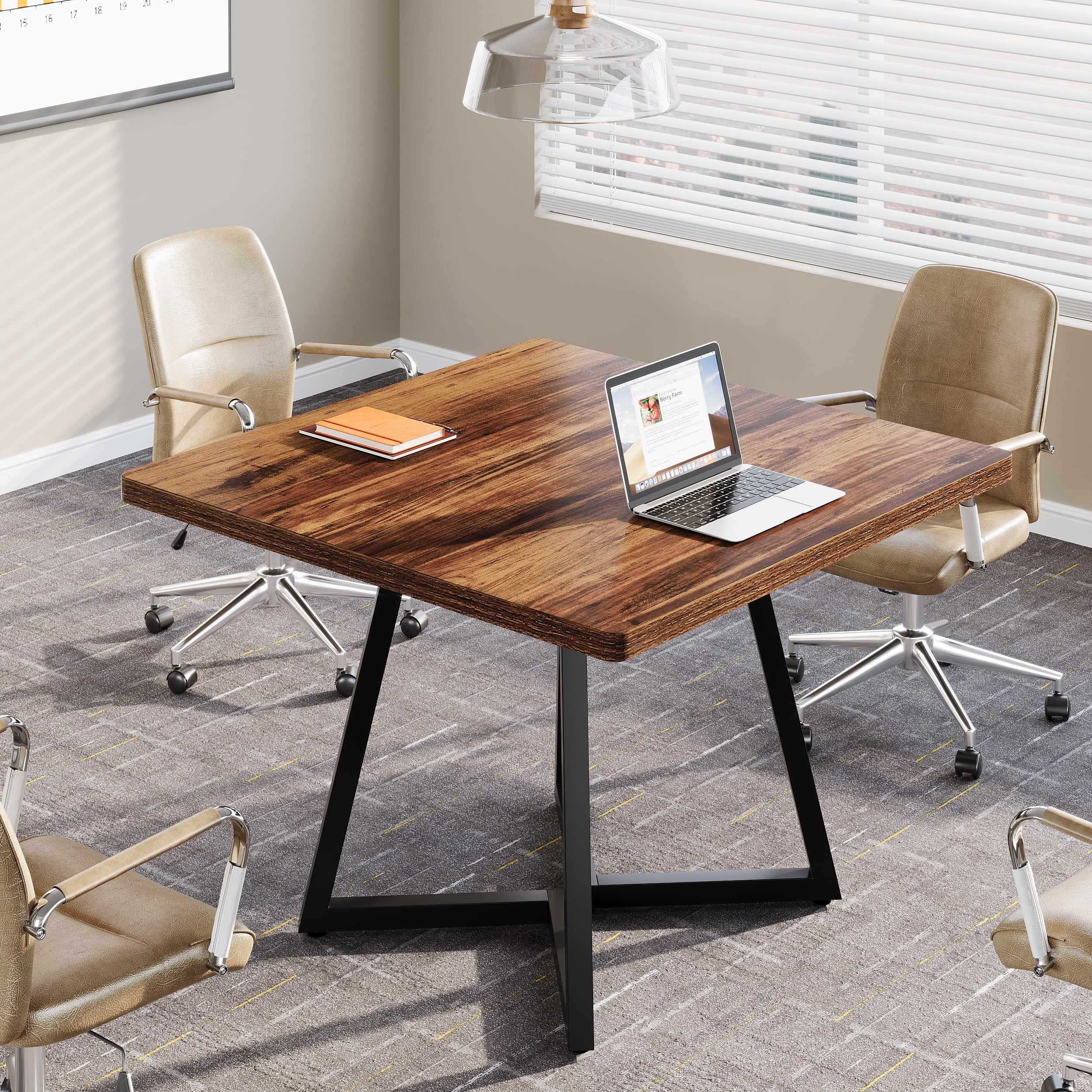 31.5" Square Conference Table, Industrial Office Meeting Table for 4 People, Business Podcast Furniture with Metal Base for Small Spaces, Office Conference, Brown & Black