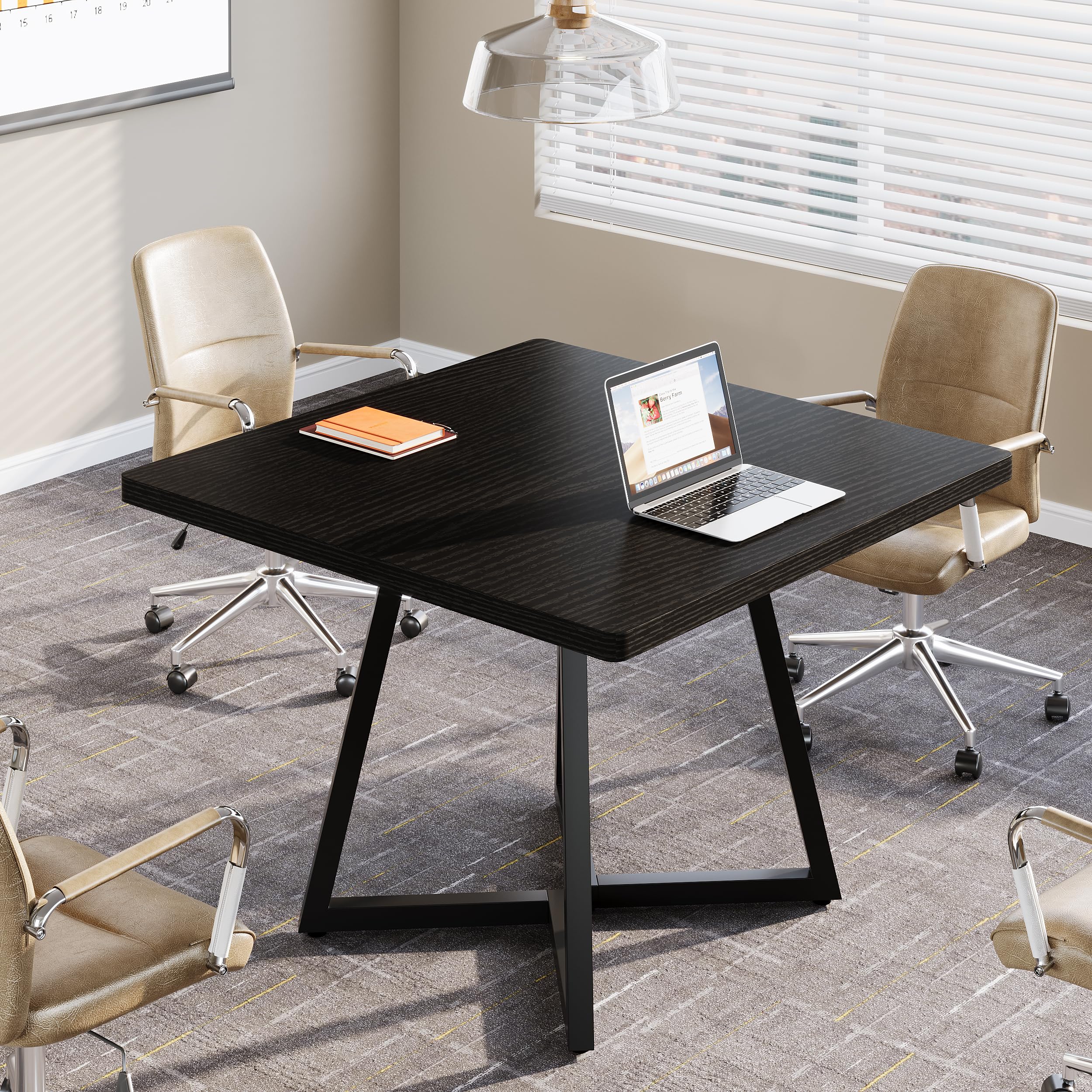 31.5" Square Conference Table, Industrial Office Meeting Table for 4 People, Business Podcast Furniture with Metal Base for Small Spaces, Office Conference, Vintage Brown