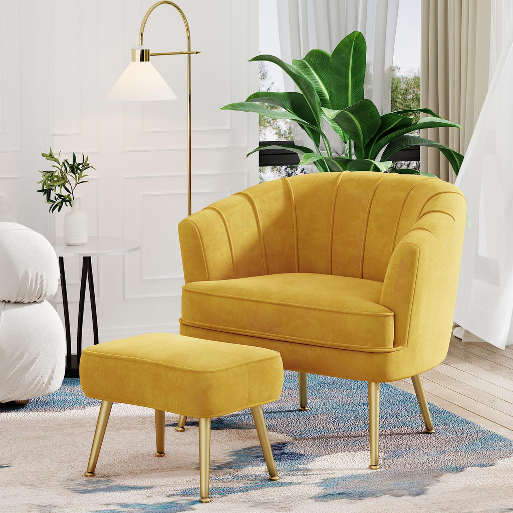 Velvet Accent Chair with Ottoman, Upholstered Modern Single Sofa Side Chair,Comfy Barrel Club Living Room Armchair with Golden Metal Legs for Office Bedroom Living Reading Room, Yellow