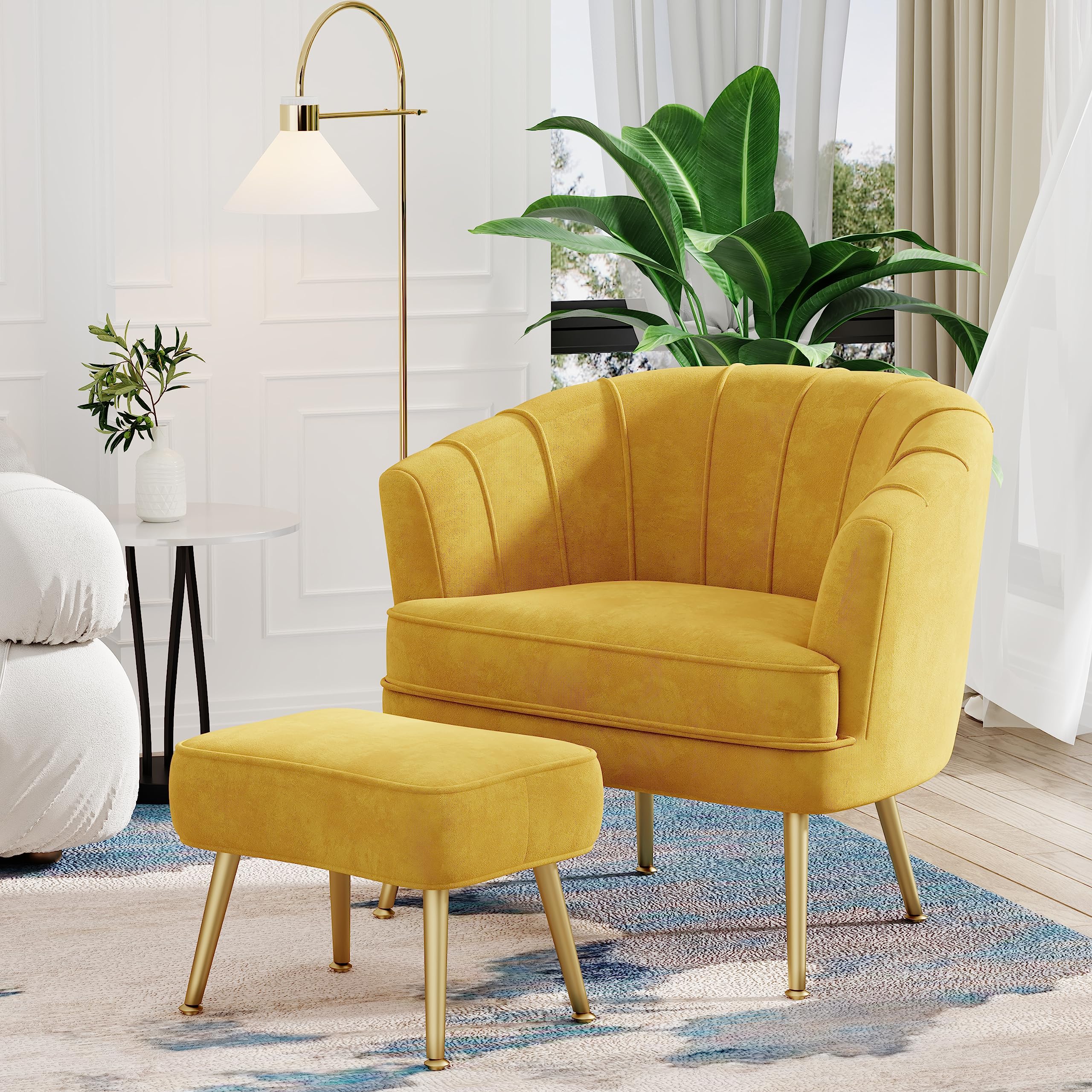 Velvet Accent Chair with Ottoman, Upholstered Modern Single Sofa Side Chair,Comfy Barrel Club Living Room Armchair with Golden Metal Legs for Office Bedroom Living Reading Room, Yellow
