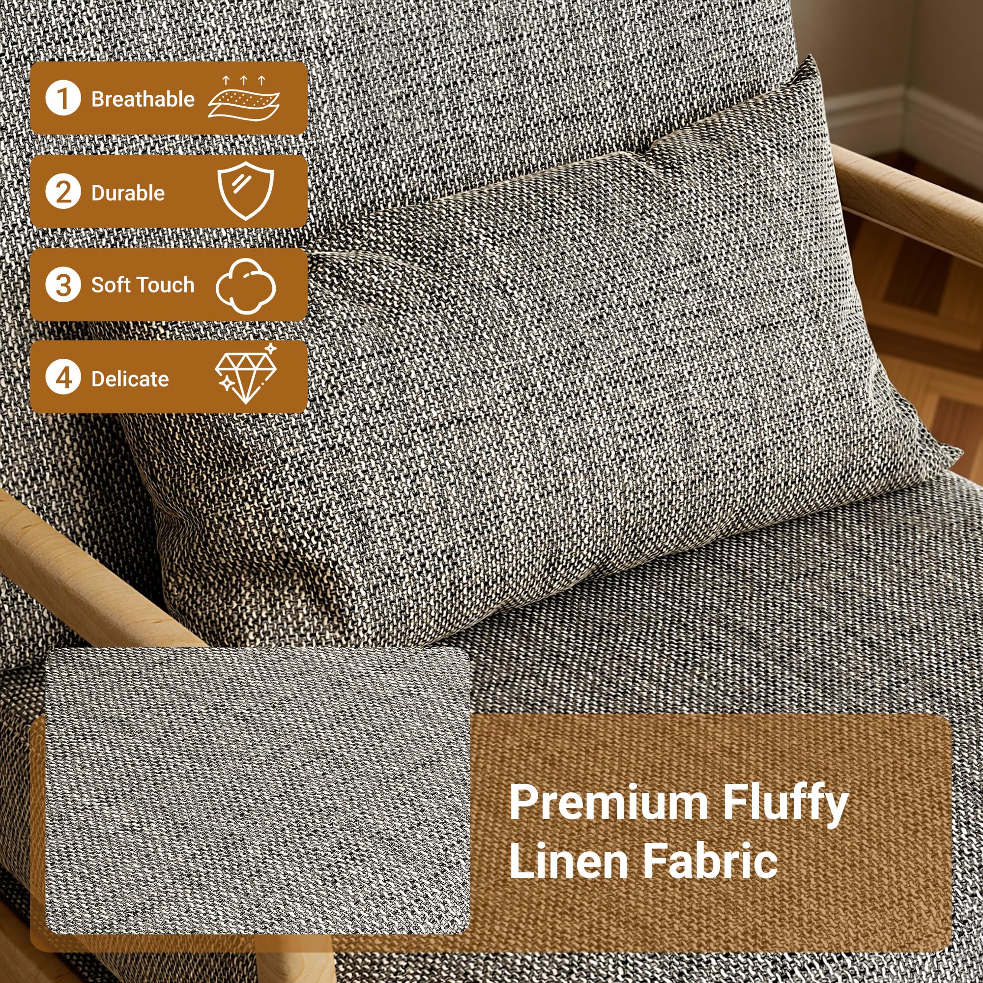Mid-Century Modern Accent Chair, Armchair with Solid Wood Frame & Lumbar Pillow, Comfy Upholstered Lounge Chair for Office, Bedroom, Linen-Like Fabric, Dark Gray