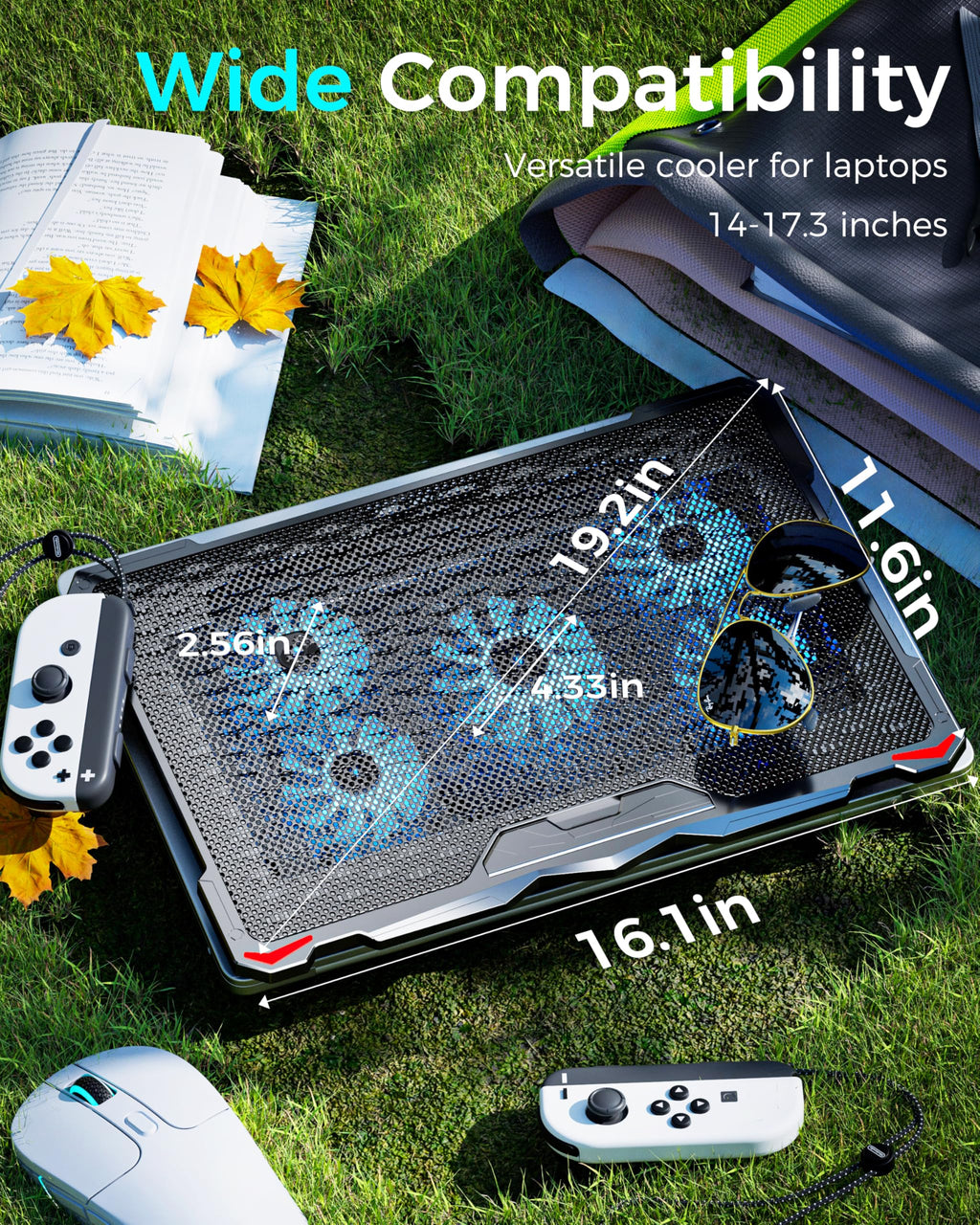 Laptop Cooling Pad 5 Fans Up to 17.3 Inch Heavy Notebook Cooler, Blue LED Lights, 2 USB Ports, S035, Blue-5fans