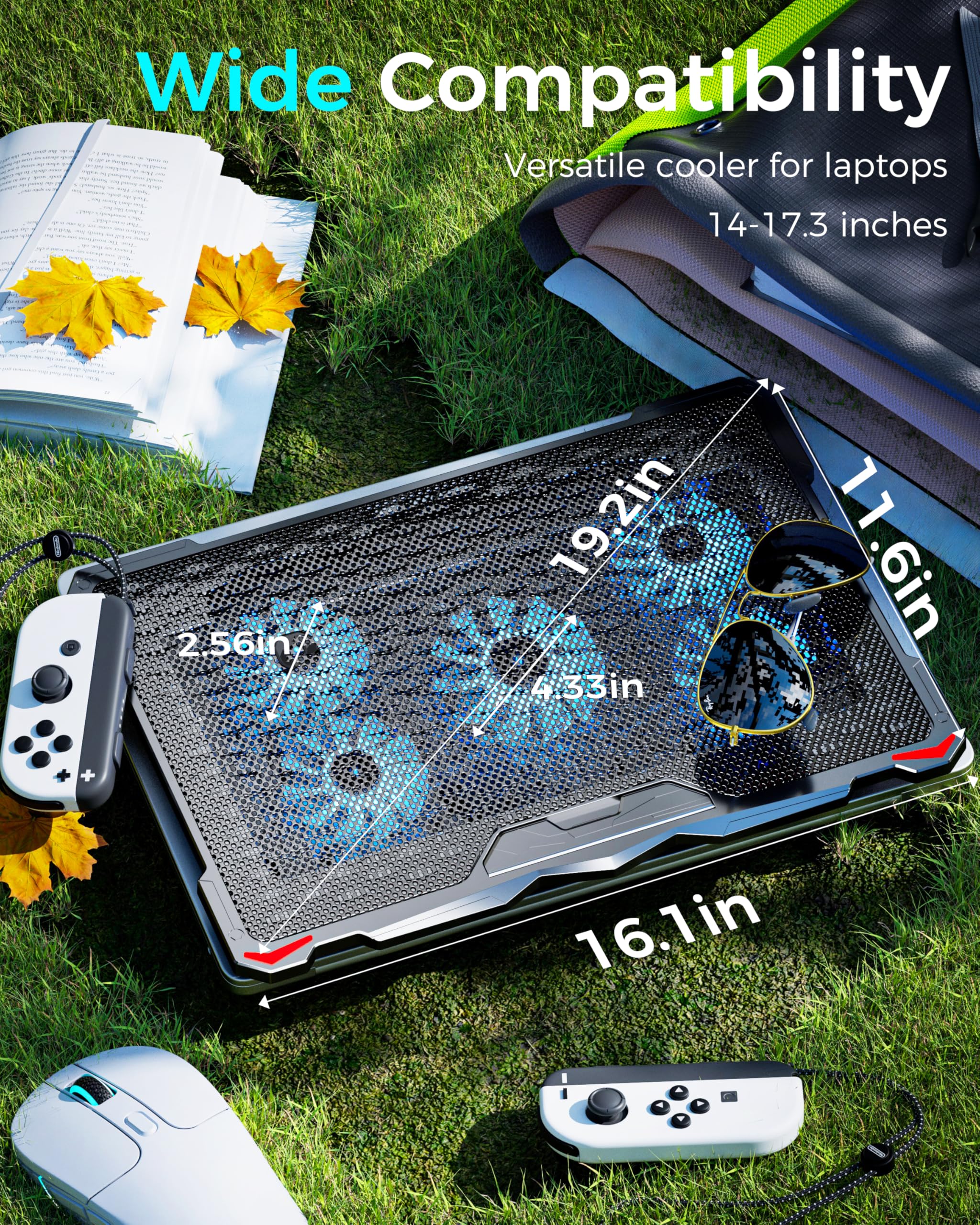 Laptop Cooling Pad 5 Fans Up to 17.3 Inch Heavy Notebook Cooler, Blue LED Lights, 2 USB Ports, S035, Blue-5fans