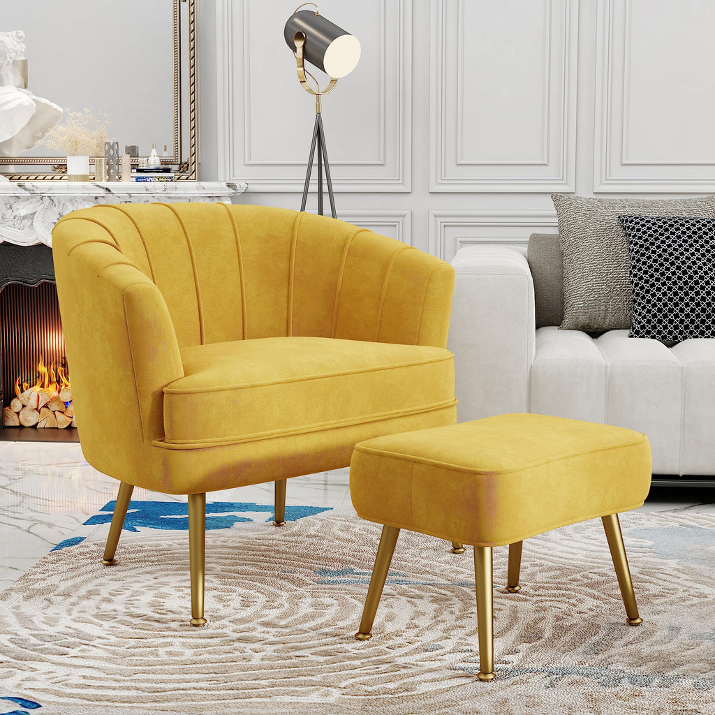 Velvet Accent Chair with Ottoman, Upholstered Modern Single Sofa Side Chair,Comfy Barrel Club Living Room Armchair with Golden Metal Legs for Office Bedroom Living Reading Room, Yellow