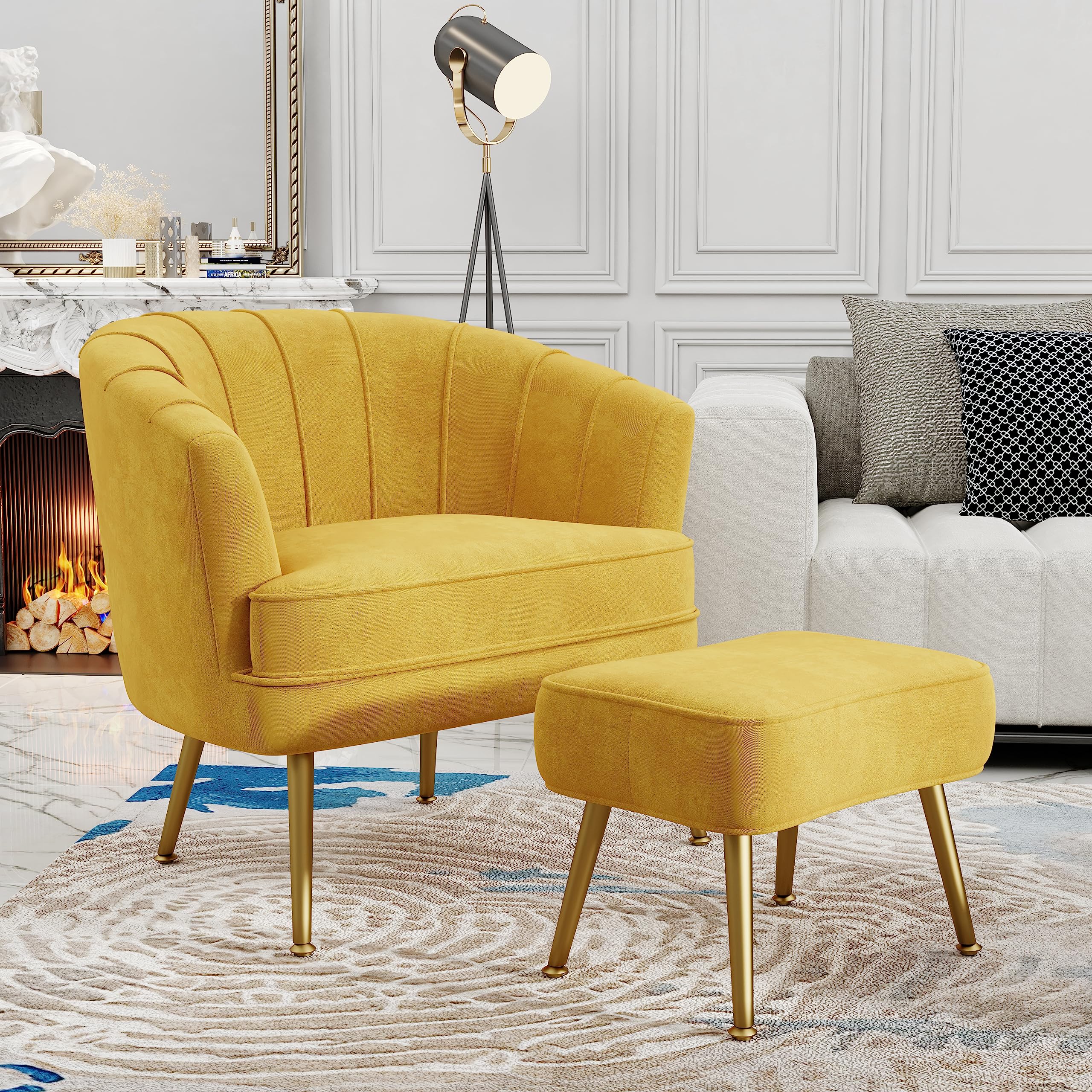 Velvet Accent Chair with Ottoman, Upholstered Modern Single Sofa Side Chair,Comfy Barrel Club Living Room Armchair with Golden Metal Legs for Office Bedroom Living Reading Room, Yellow